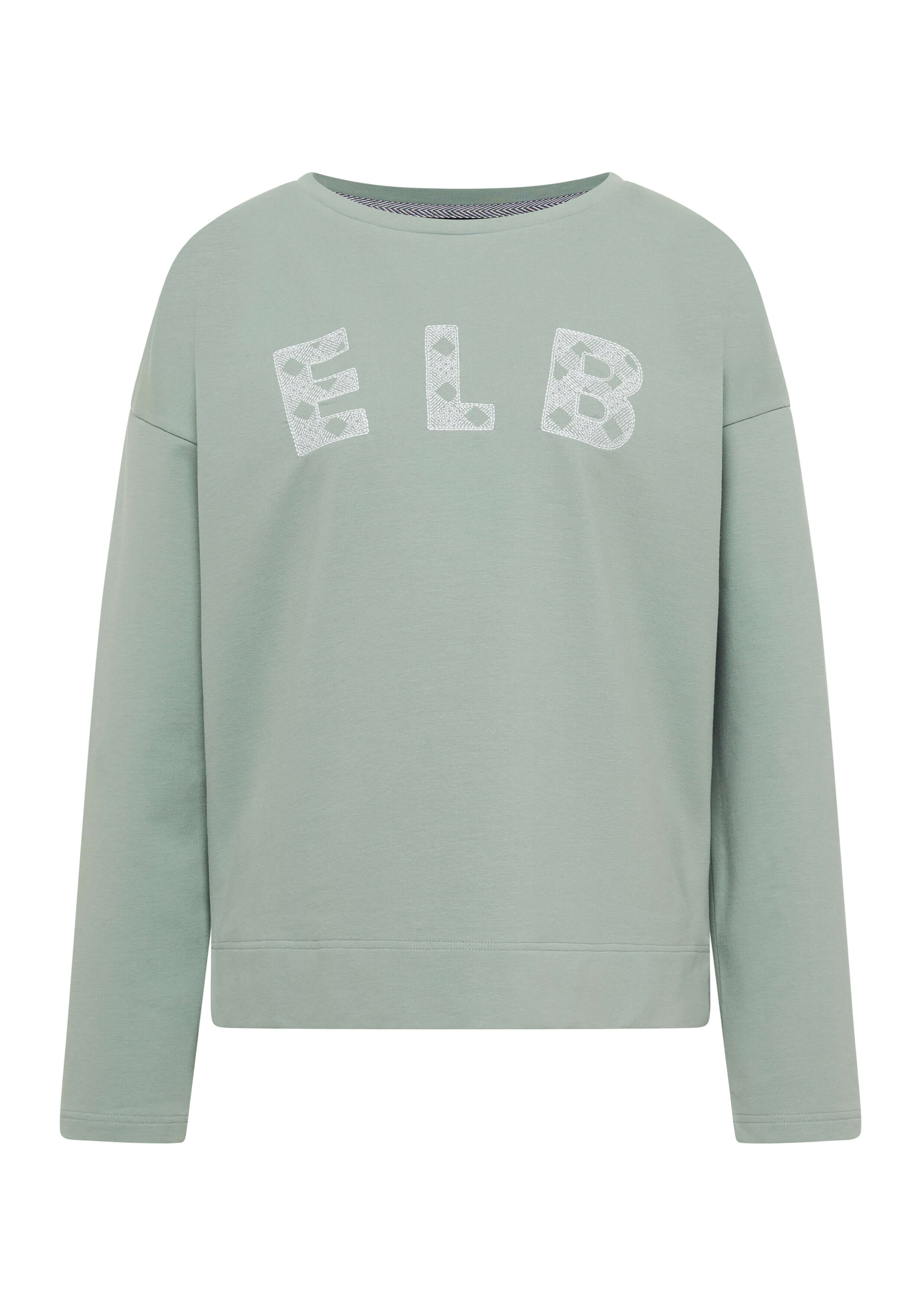 Salbeigrünes ELBSAND-Sweatshirt mit weiß gemustertem ELB-Schriftzug für lässige Loungewear.