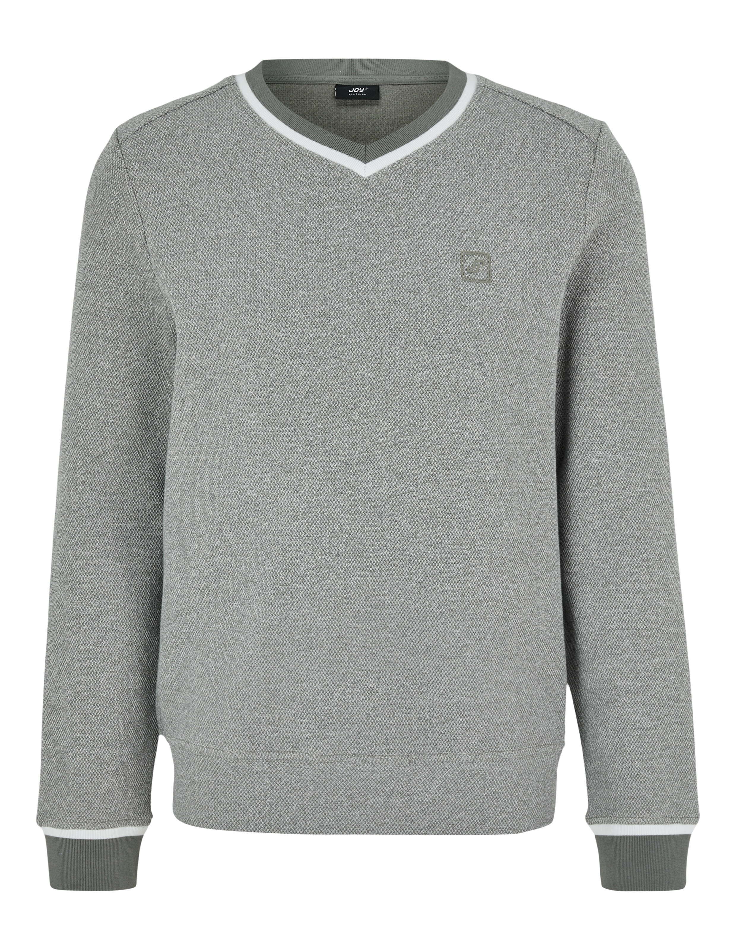 Grauer Herrenpullover mit V-Ausschnitt und weißem Besatz, perfekt für Freizeitkleidung.