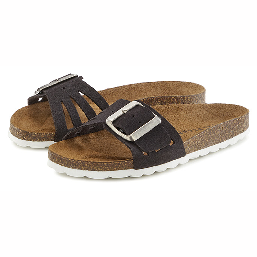 Schwarze, lässige Sandalen mit Schnalle und Korkfußbett, perfekt für den Sommer.