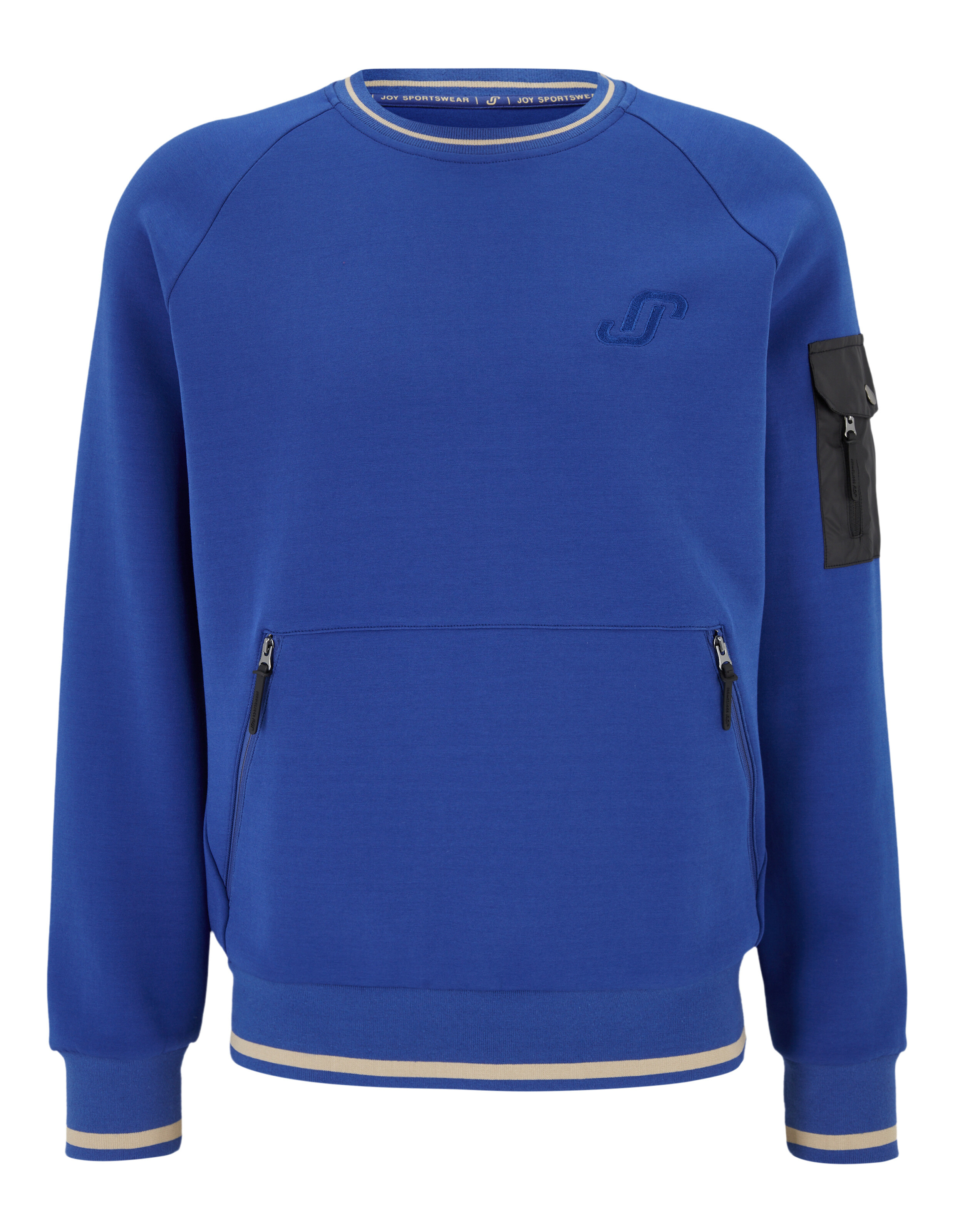 Blauer Sweatshirt mit Rundhals, schwarzer Ärmeltasche und Reißverschlusstaschen, beige Streifen an Bündchen und Saum.