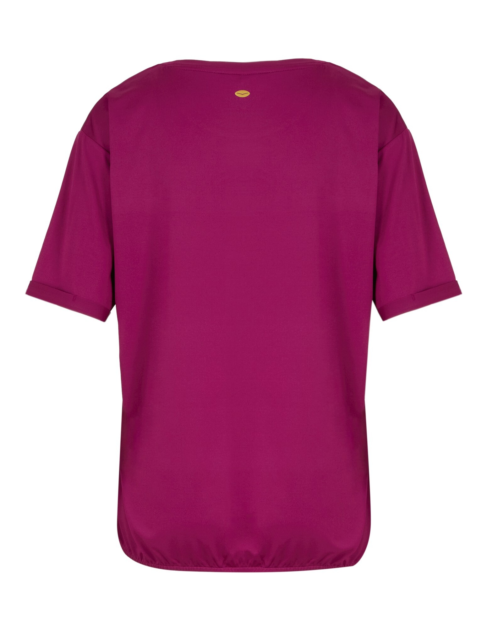 Rückansicht eines gemütlichen magentafarbenen Freizeit-T-Shirts mit kurzen Ärmeln.