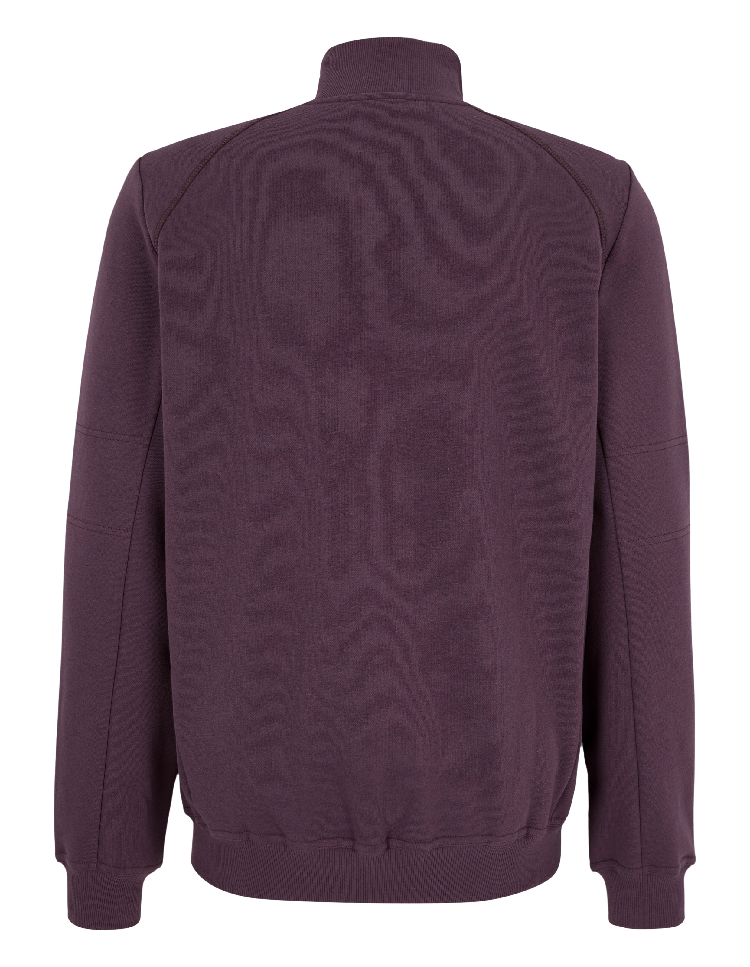 Rückansicht eines kuscheligen lila Sweatshirts mit hohem Kragen und gerippten Bündchen.