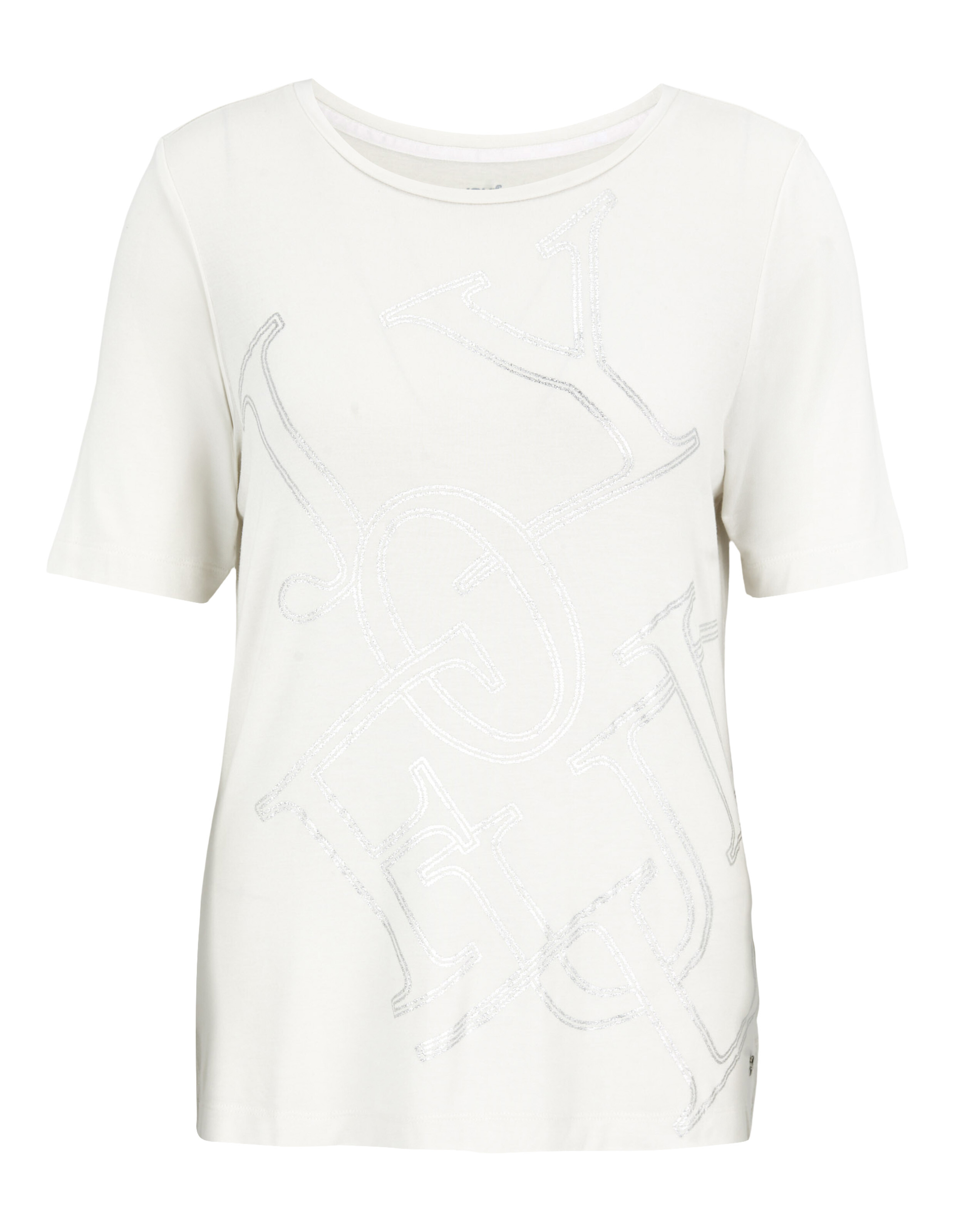 Lässiges weißes T-Shirt mit silbernem Grafikdruck, perfekt für entspannte Ausflüge.