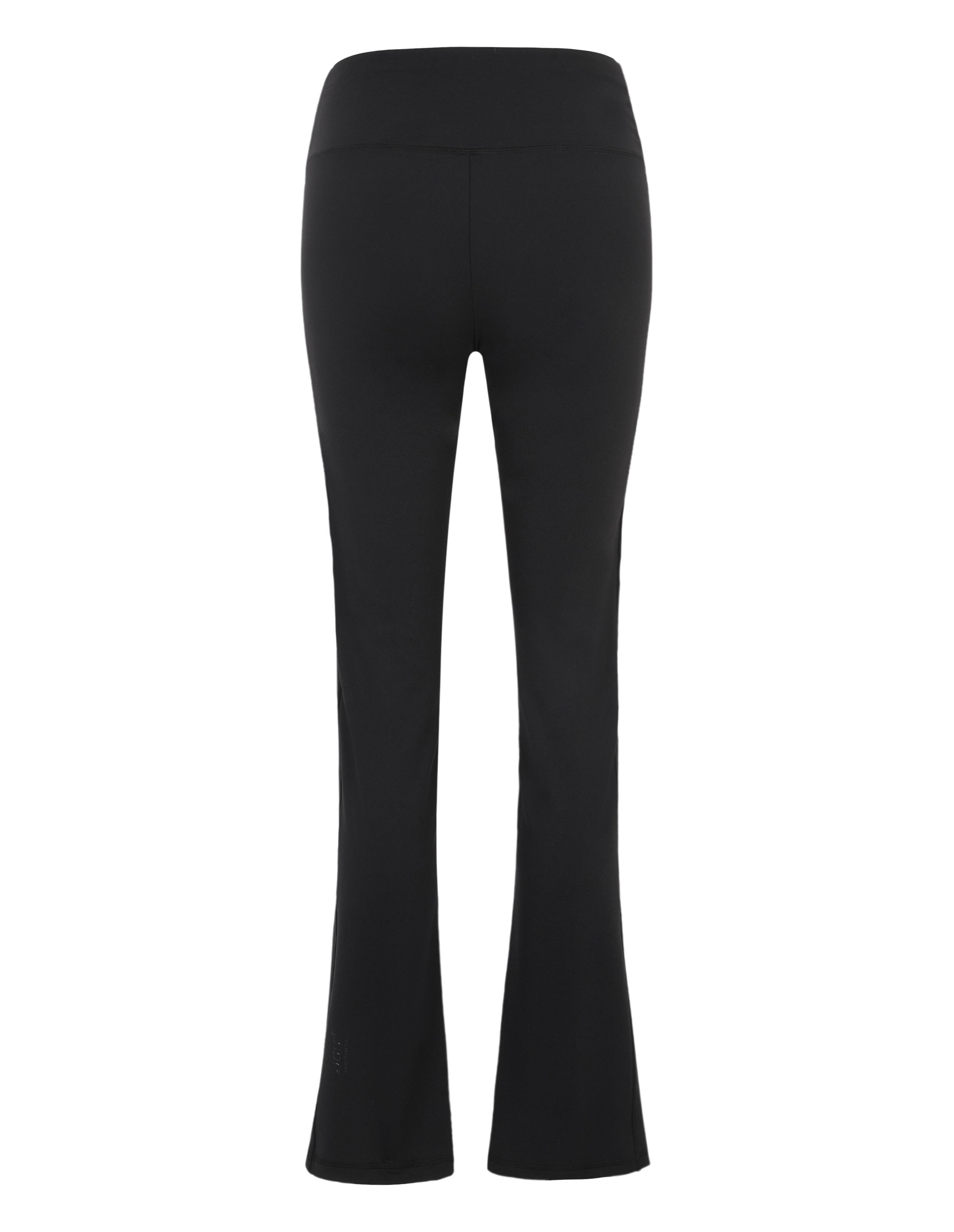 Schwarze, langgeschnittene Fitnesshose mit ausgestelltem Bein und hohem, breitem Bund, von hinten fotografiert.