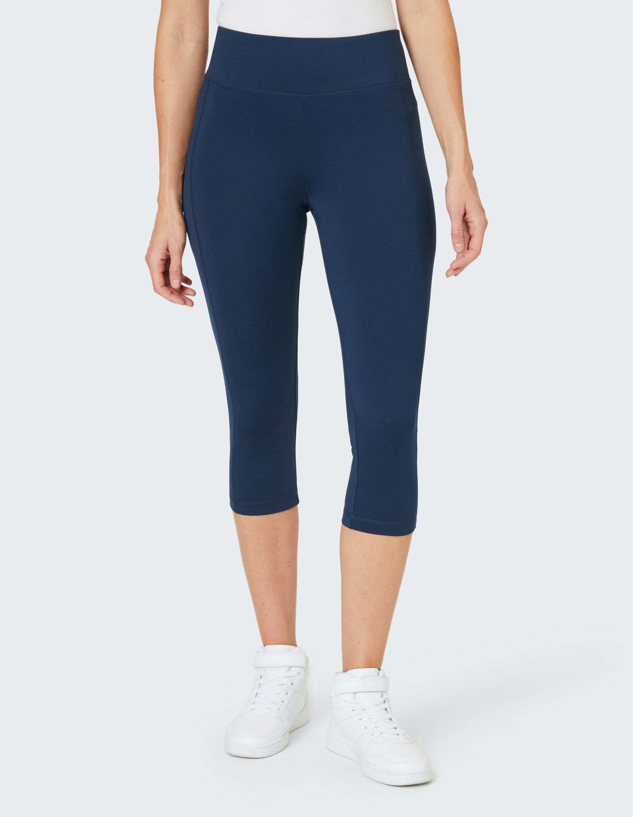 Dunkelblaue Damen-Capri-Leggings mit taillenhohem Bund und schmaler Passform, ideal für Sport oder Freizeitaktivitäten.