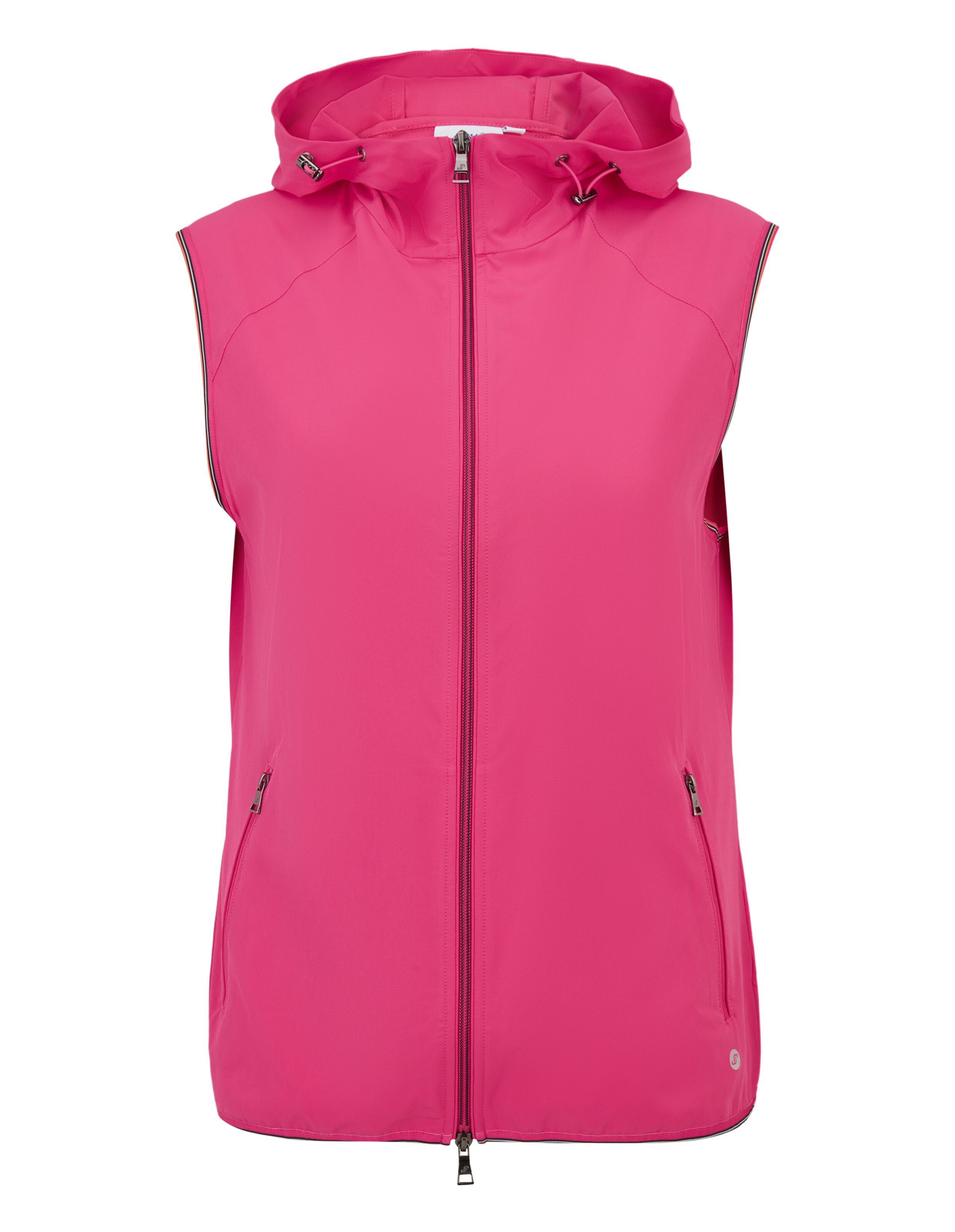 Hellrosa, ärmellose Jacke mit Kapuze, Reißverschluss vorne und Seitentaschen, ideal für lässige Outdoor-Kleidung.