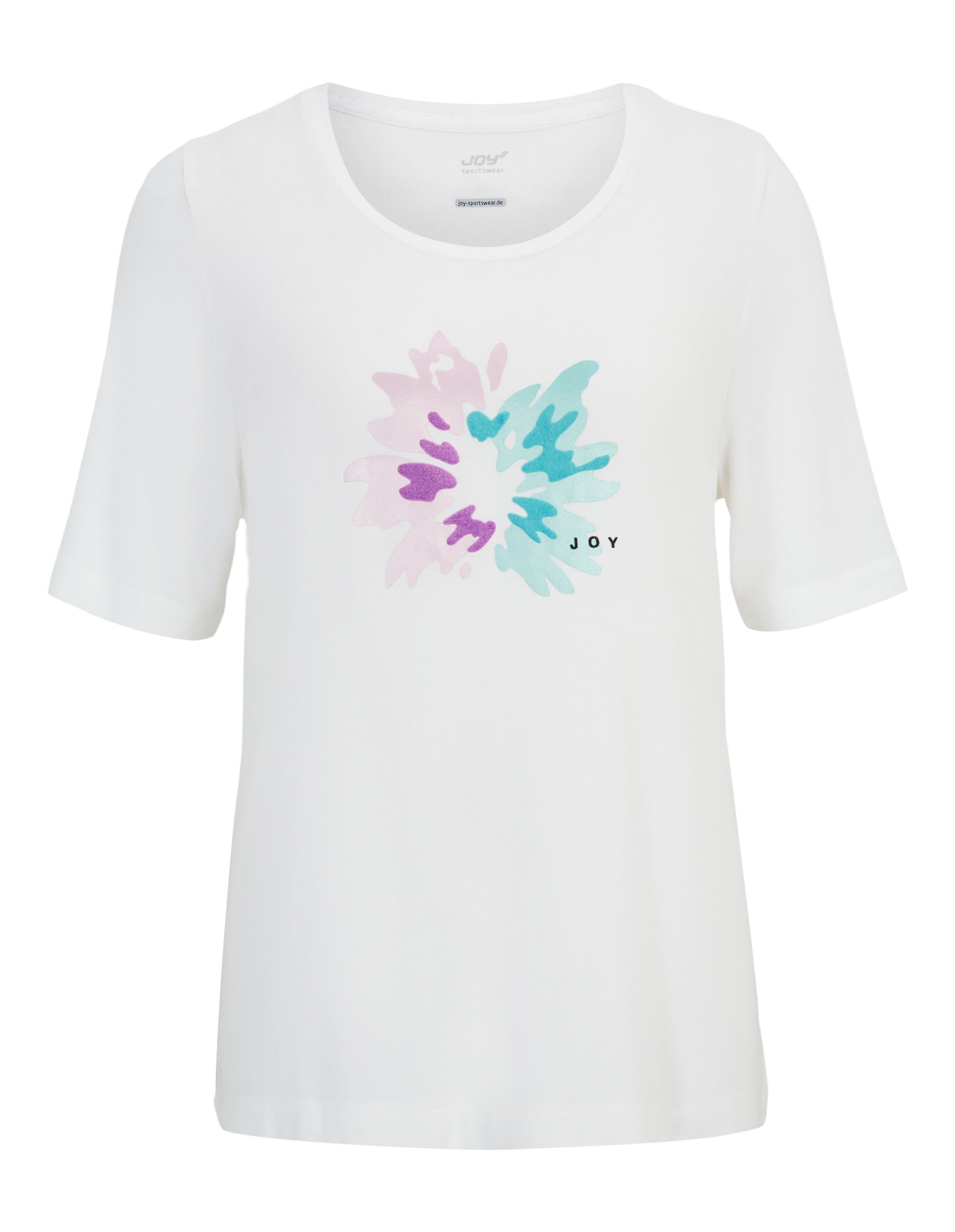 Weißes, lässiges T-Shirt mit farbenfrohem, abstraktem Blumendruck und JOY-Logo.