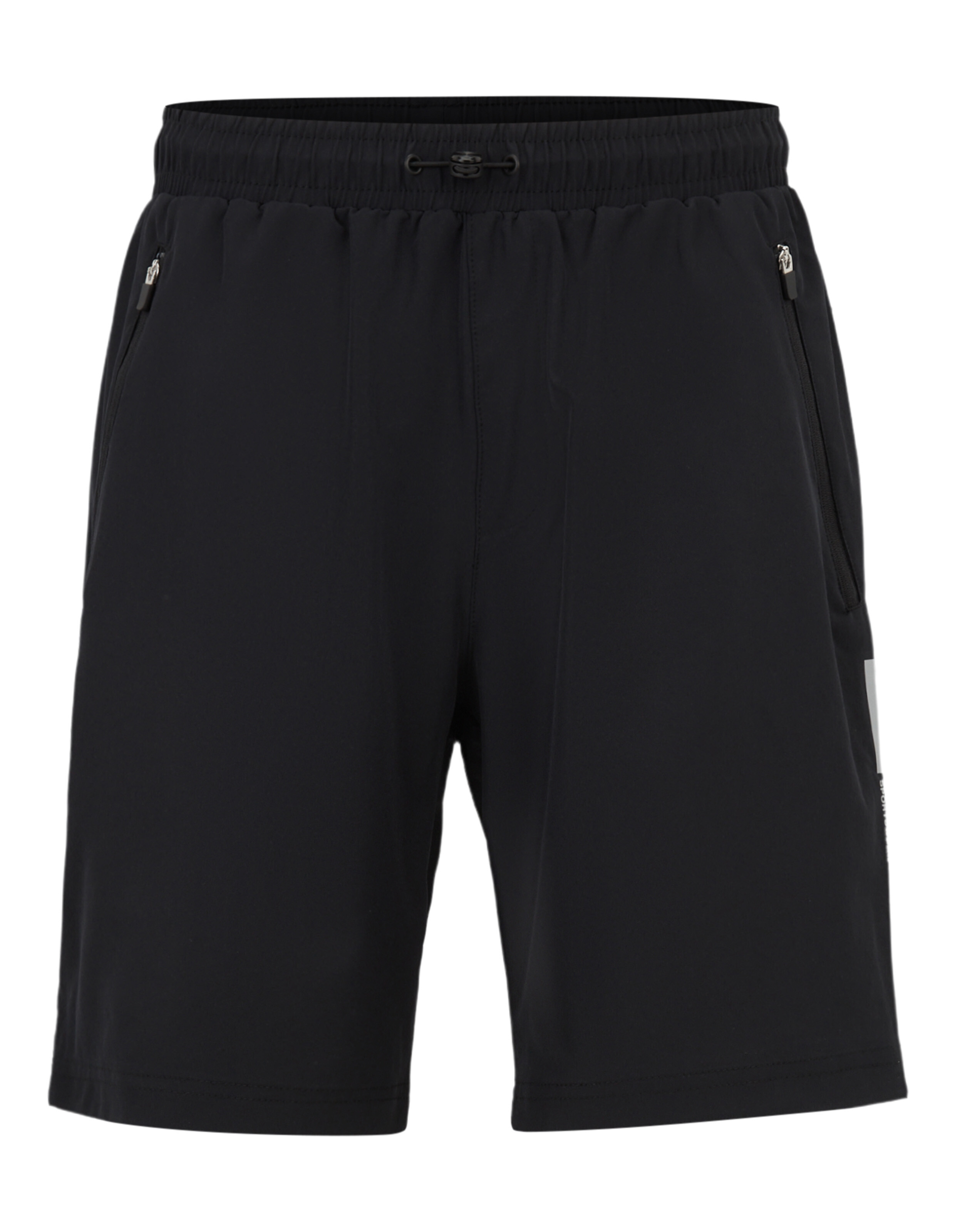 Schwarze Marek-Shorts von JOY Sportswear mit elastischem Bund und Reißverschlusstaschen.