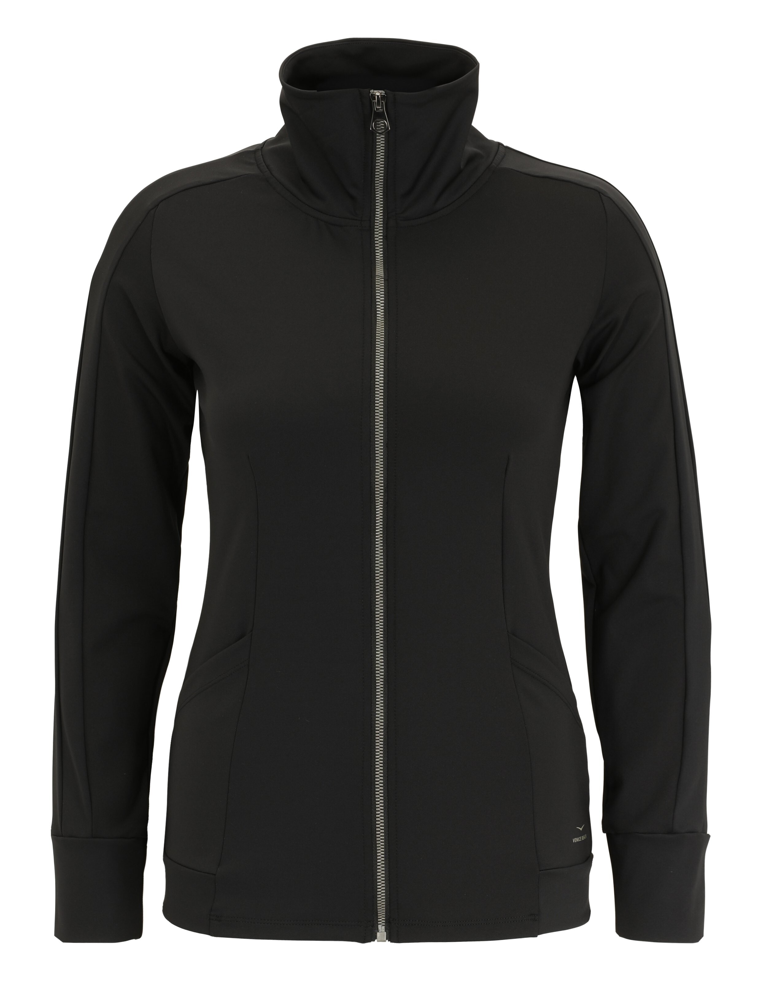 Schwarze Jacke mit Reißverschluss, hohem Kragen und Seitentaschen, ideal für Freizeitkleidung.