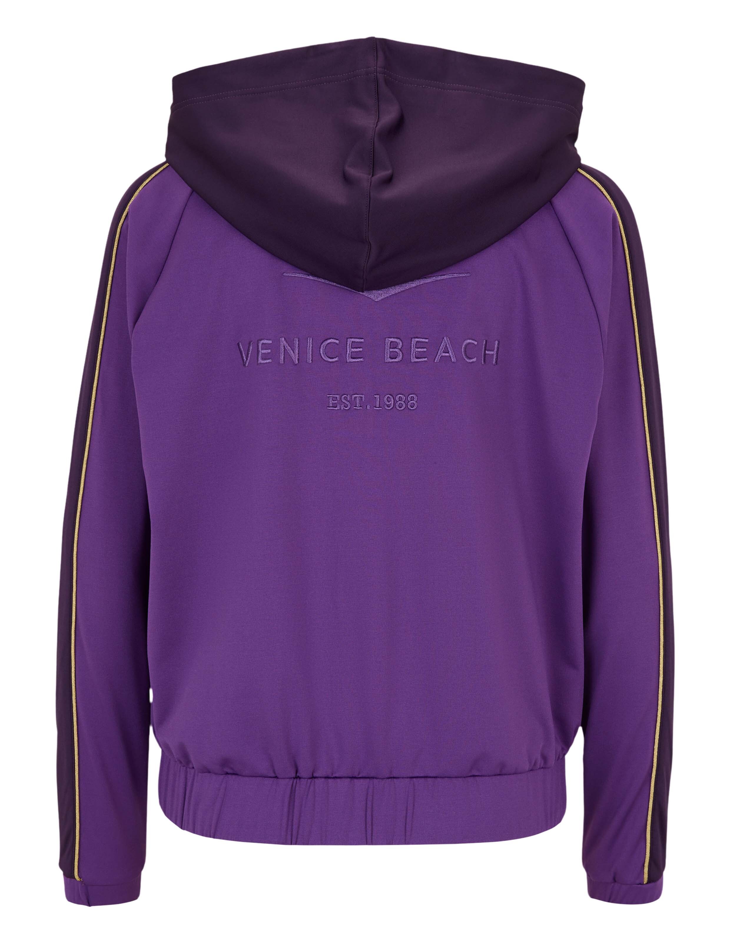 Lilafarbener Venice Beach-Kapuzenpullover mit Reißverschluss, Kapuze und goldenen Seitenstreifendetails.