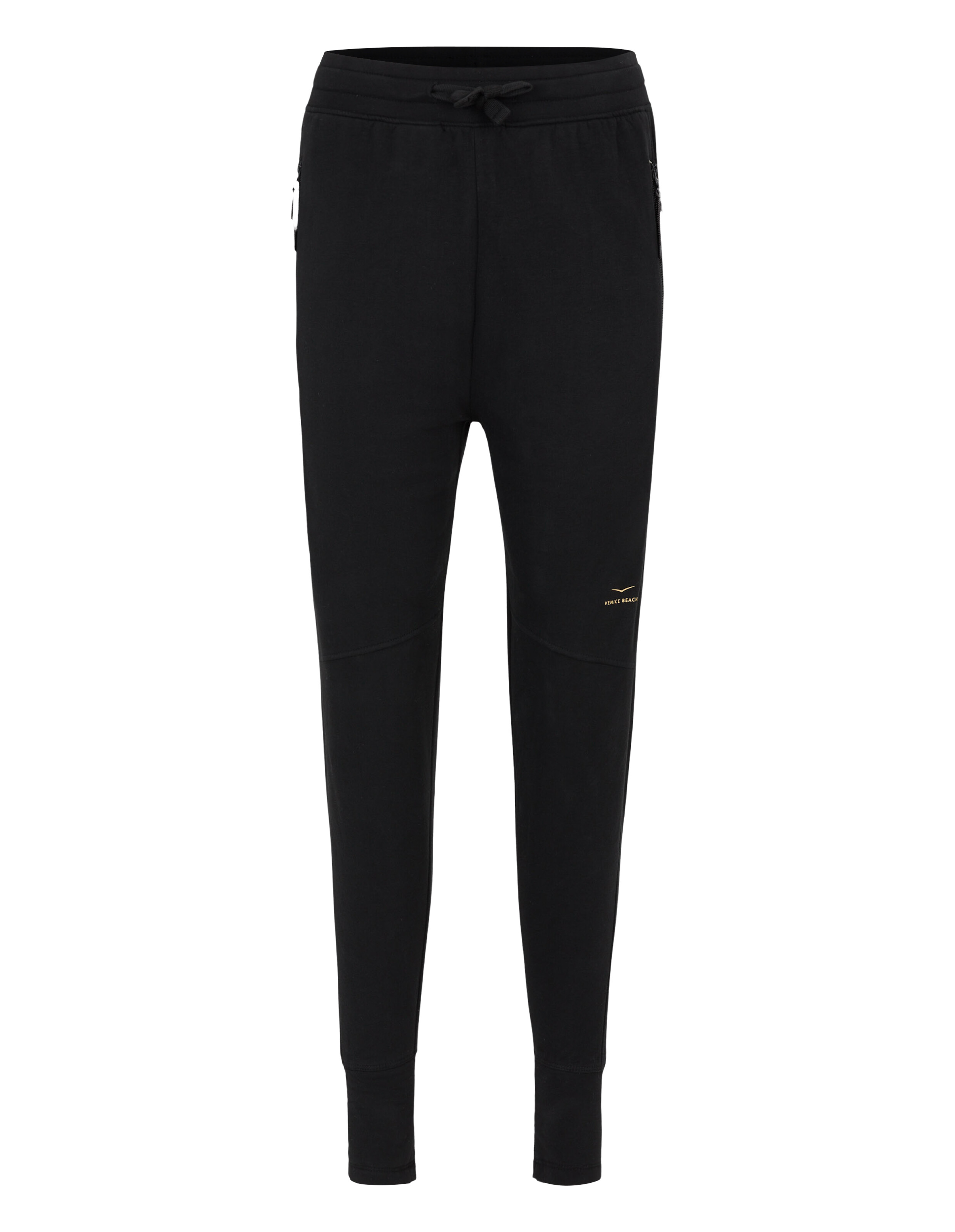 Schwarze, lässige Lounge-Jogginghose mit elastischem Kordelzug in der Taille und schmaler Passform.