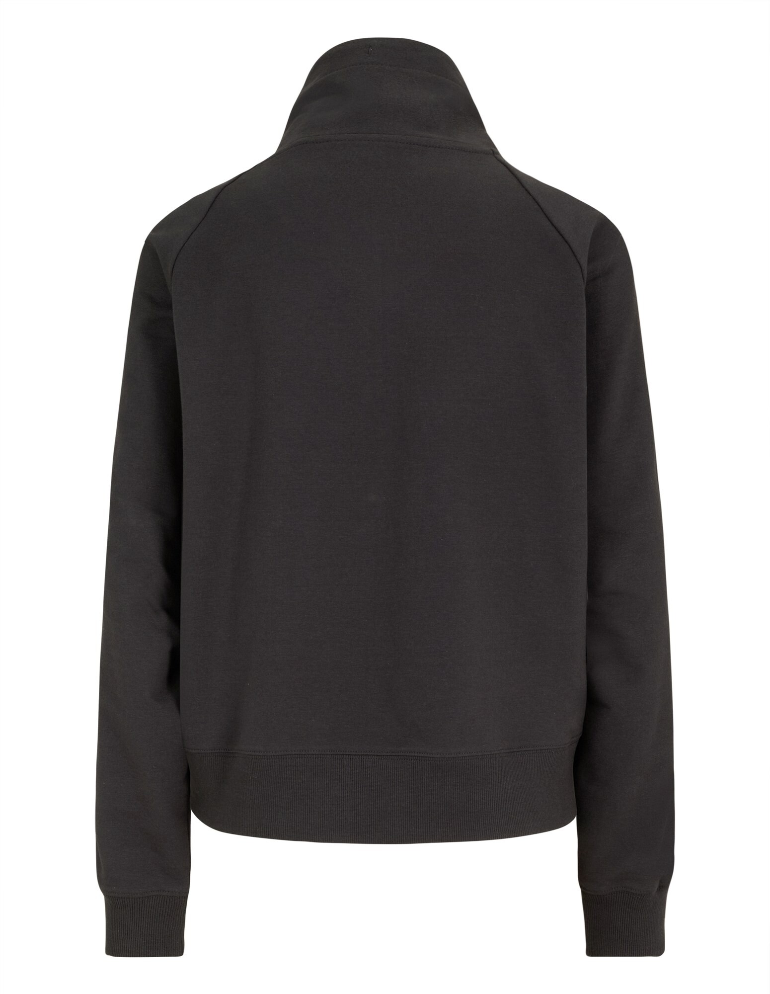 Rückansicht eines kuscheligen schwarzen Sweatshirts mit hohem Kragen und gerippten Bündchen.