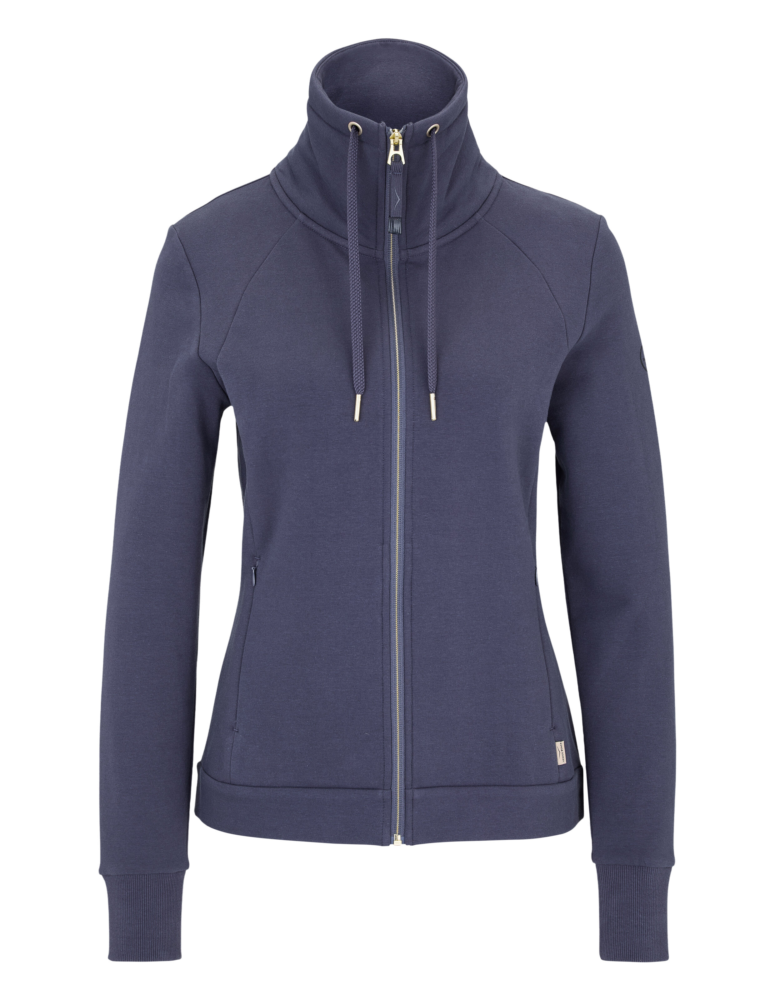 Marineblaue Jacke mit Reißverschluss, hohem Kragen und gerippten Bündchen, perfekt für Freizeitkleidung.