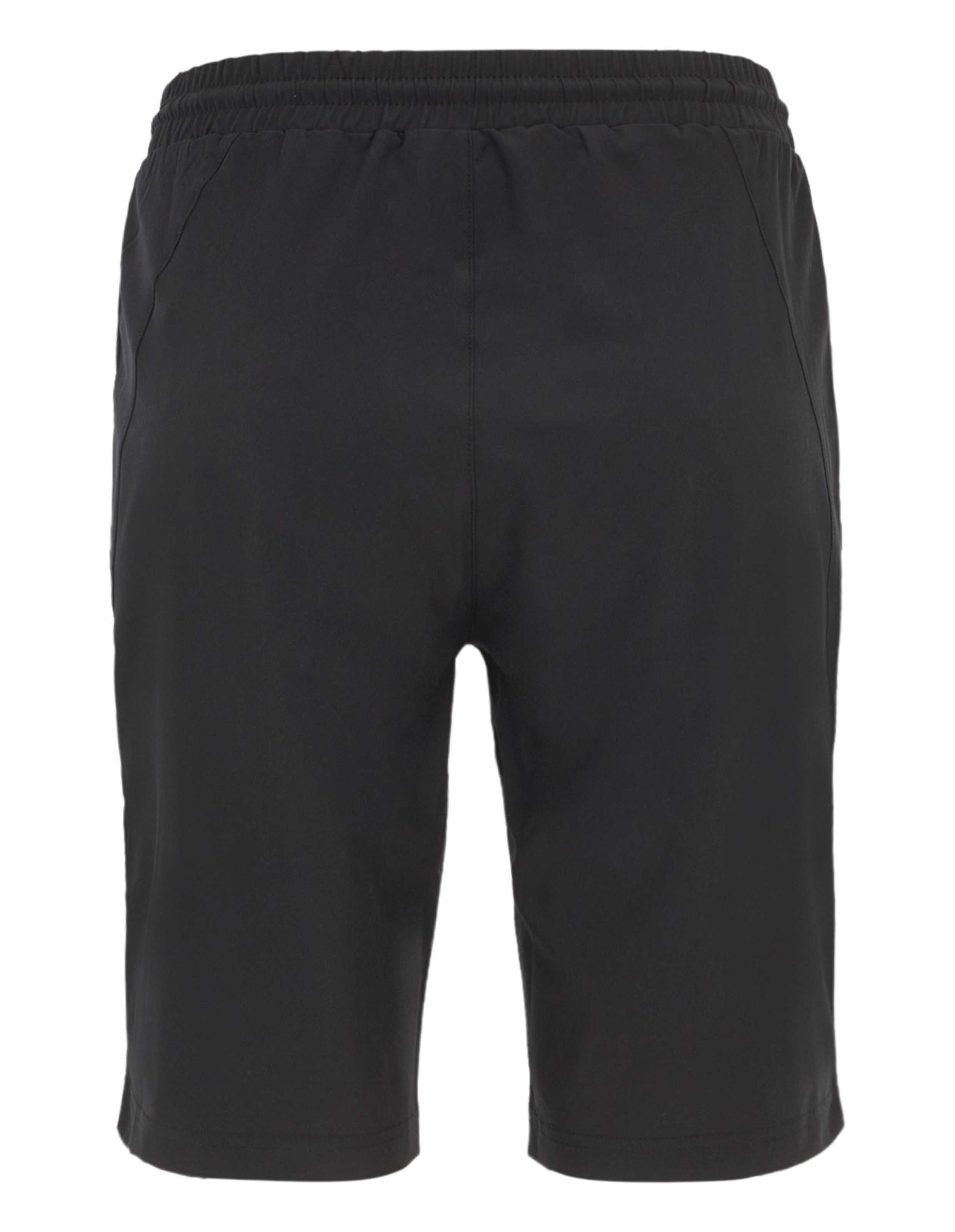 Schwarze, knielange Shorts mit elastischem Bund, Kordelzug und seitlichen Reißverschlusstaschen für einen sportlichen Look.