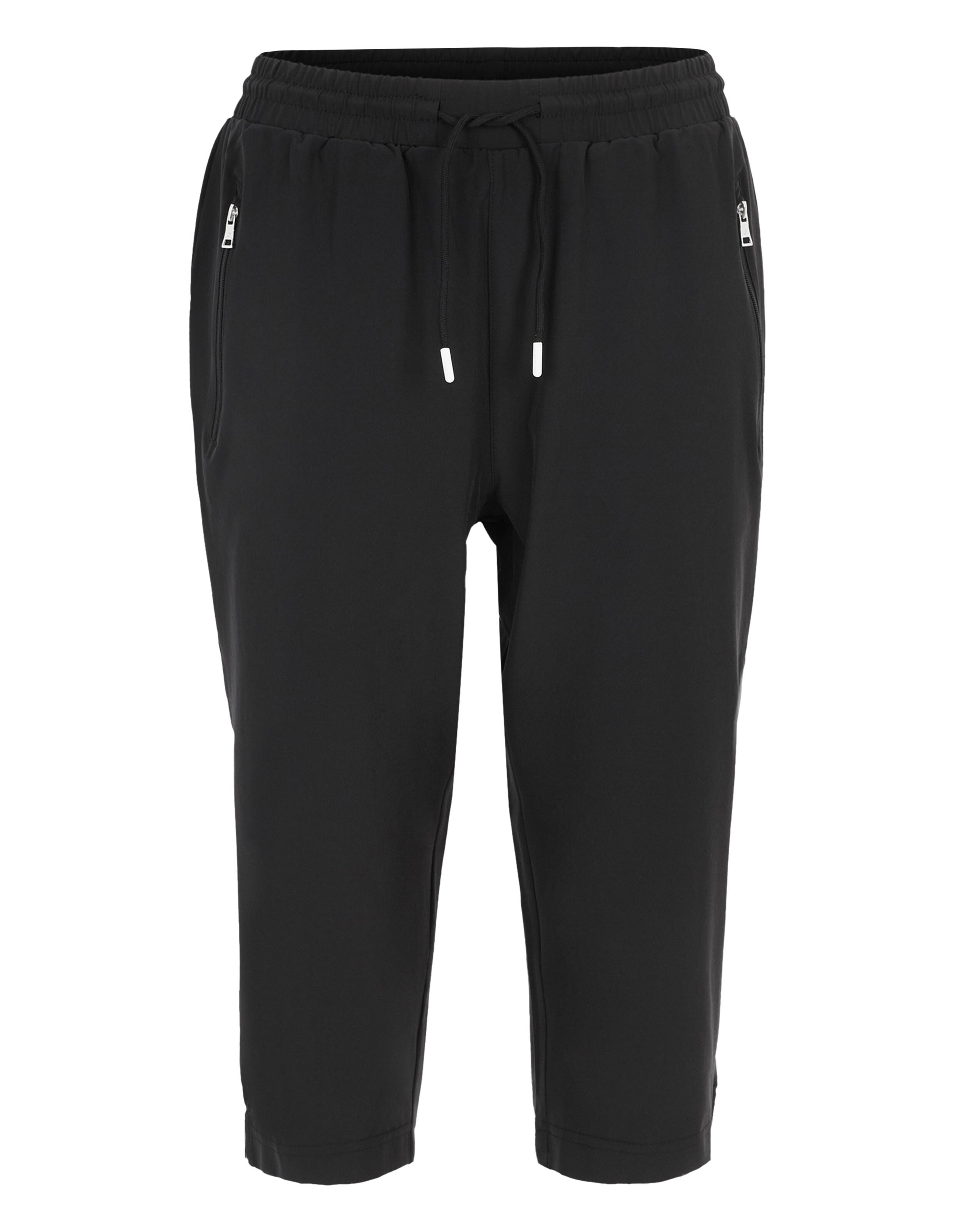 Schwarze, knielange Sporthose mit elastischem Bund, Kordelzug und seitlichen Reißverschlusstaschen vor weißem Hintergrund.