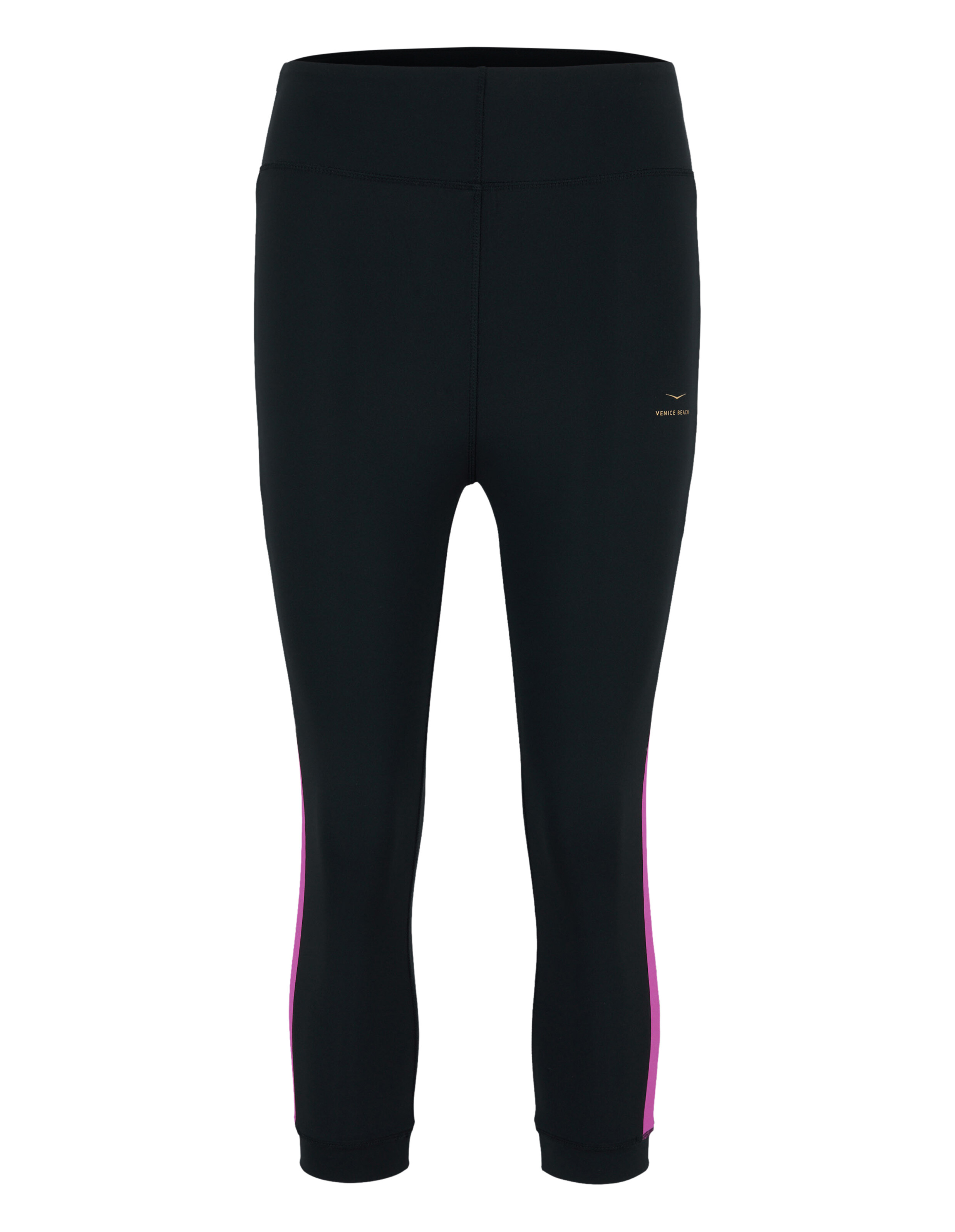 Schwarze, kurze Leggings mit rosa Seitenstreifen für lässige Sportbekleidung.