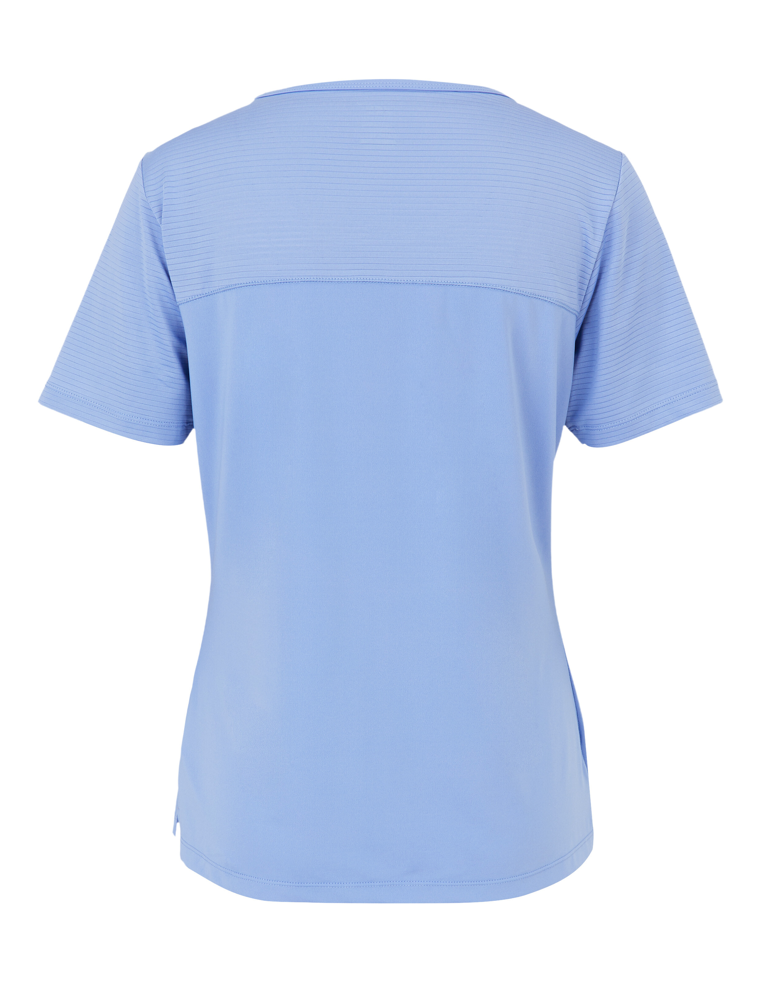 Ein hellblaues Damen-T-Shirt mit Rundhalsausschnitt und kurzen, leicht gestreiften Ärmeln aus leichtem, atmungsaktivem Material.