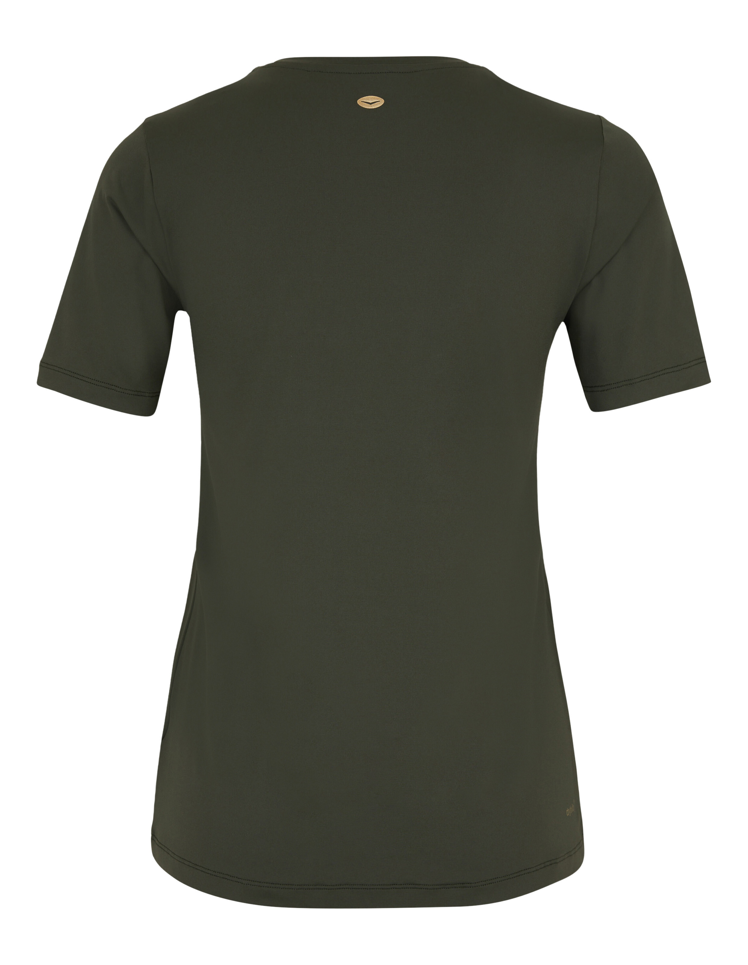 Rückansicht eines dunkelolivgrünen Freizeit-T-Shirts mit einem kleinen goldenen Logo-Detail.