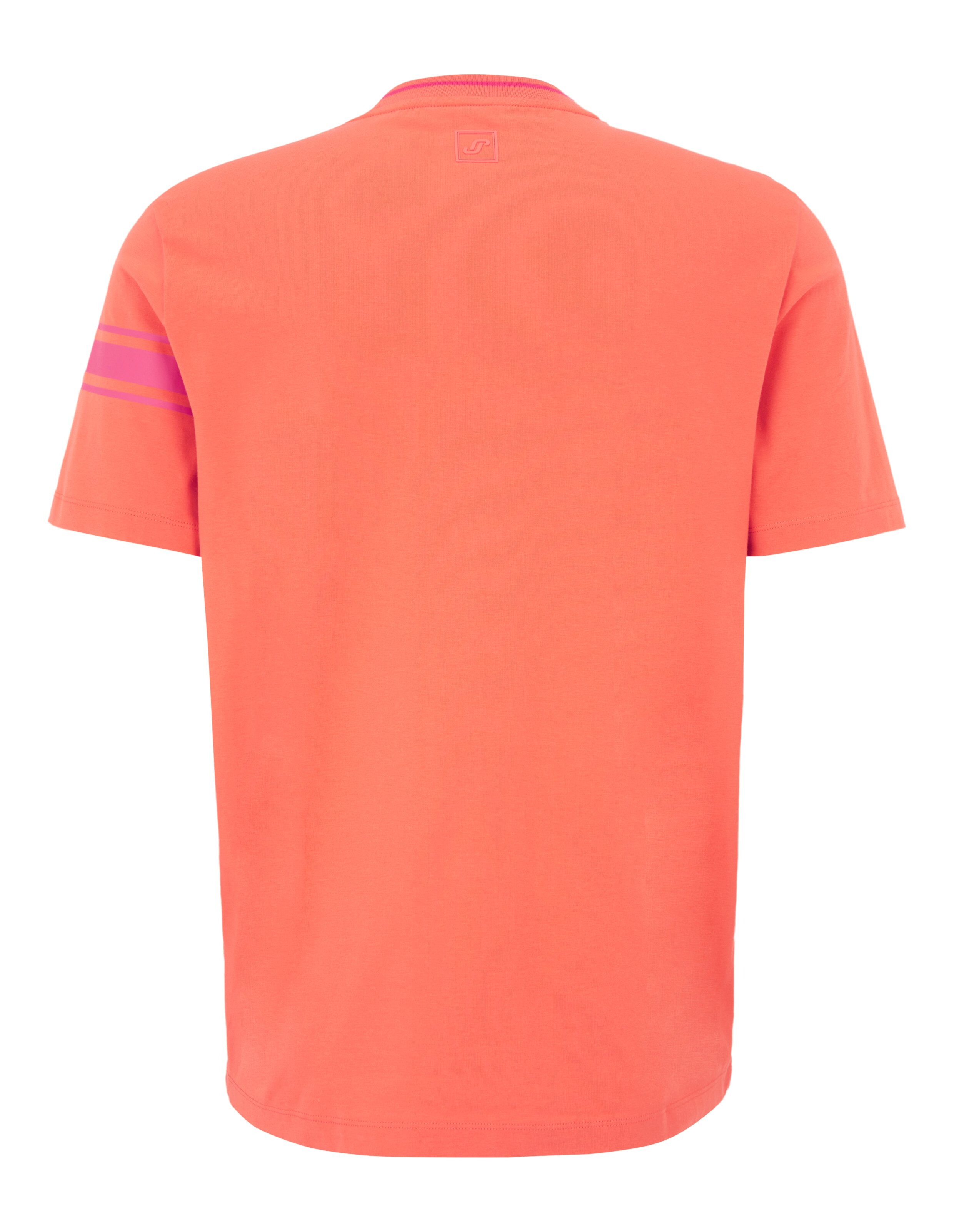 Korallenfarbenes Freizeit-T-Shirt mit rosa Ärmelstreifen und Logo, ideal für bequemes Tragen im Alltag.