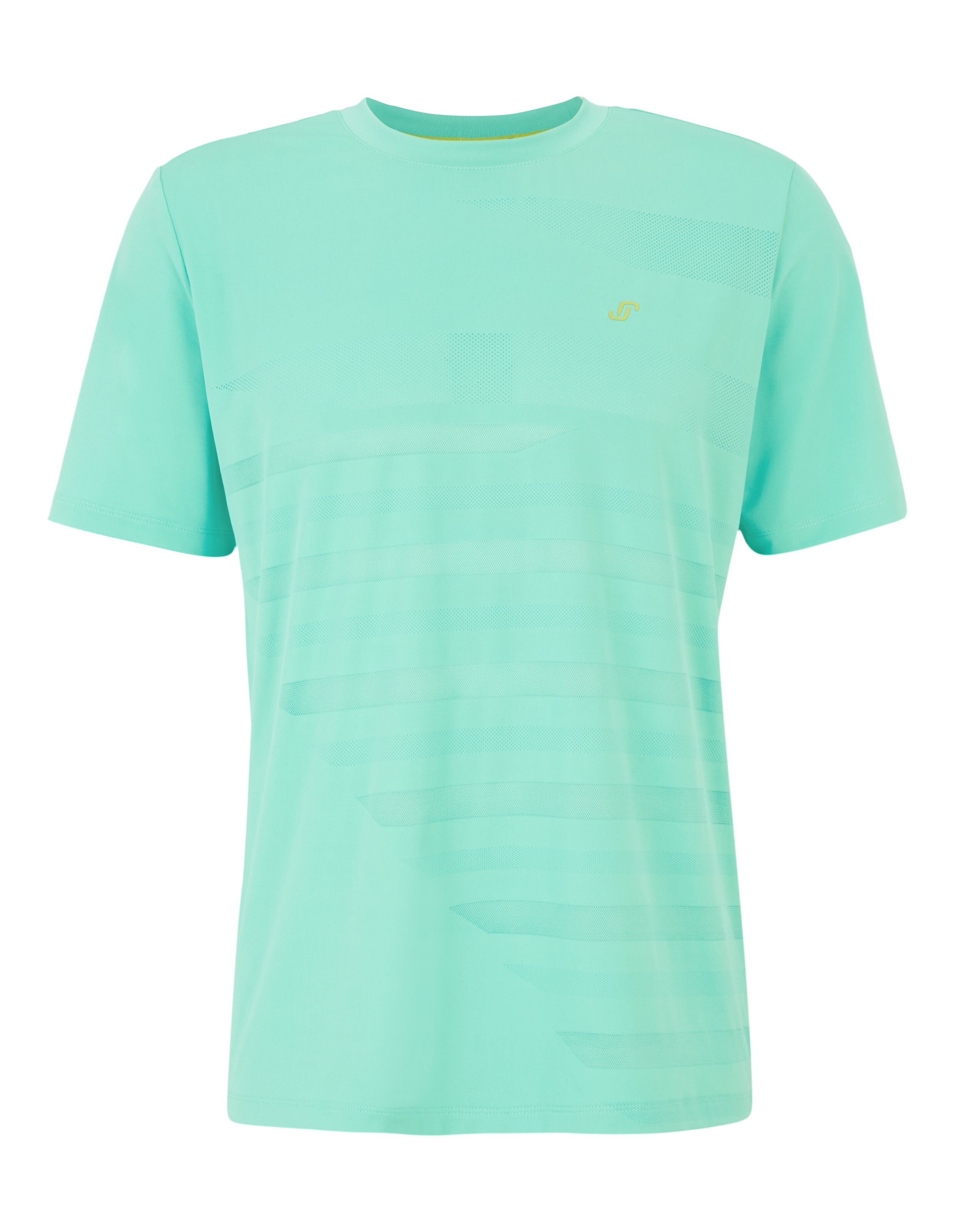 Grünes T-Shirt mit kurzem Ärmel, dezentem Logo und geometrischem Streifenmuster, ideal für sportliche Aktivitäten.