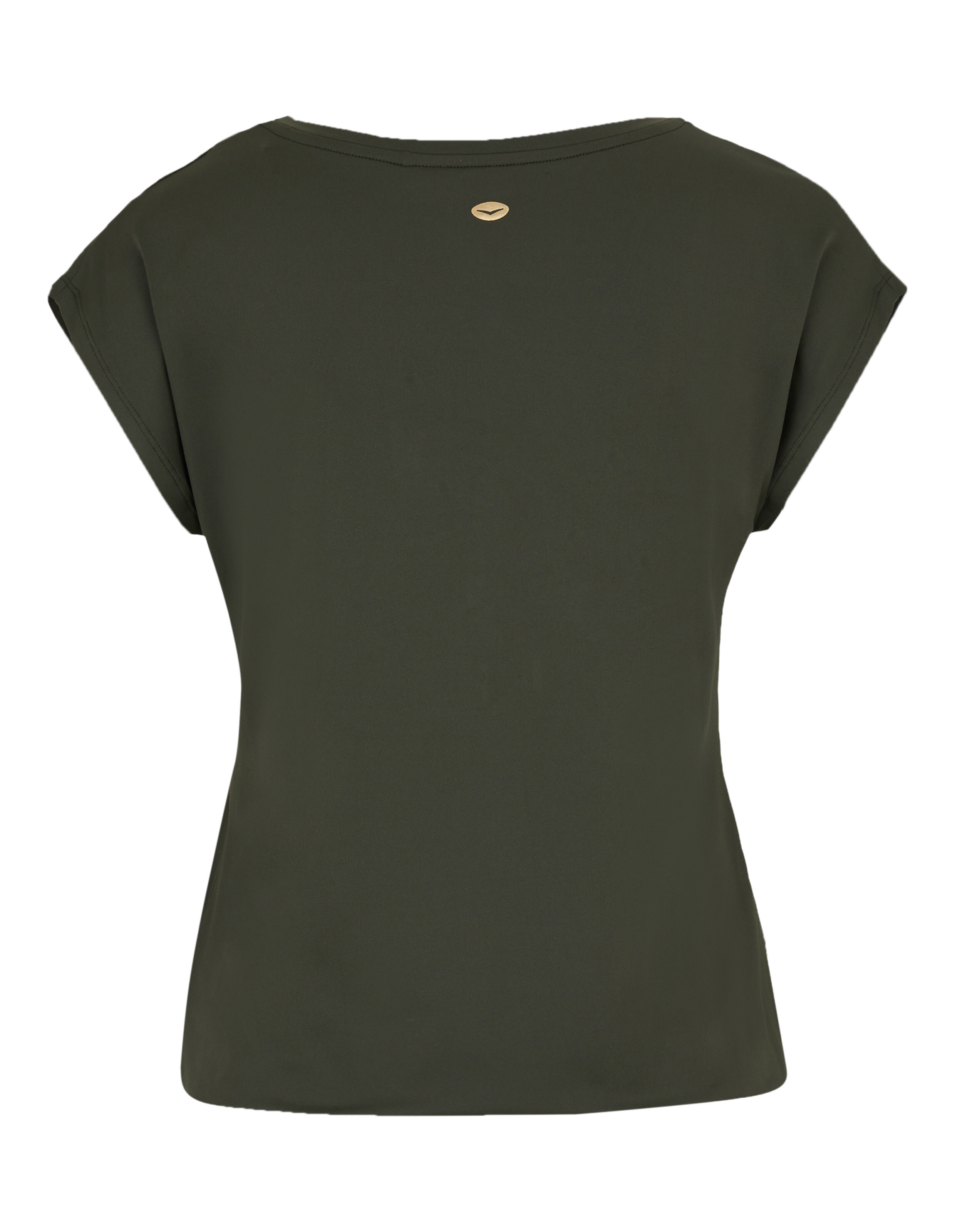 Rückansicht eines olivgrünen Freizeit-T-Shirts mit Flügelärmeln und einem kleinen goldenen Logo-Detail.