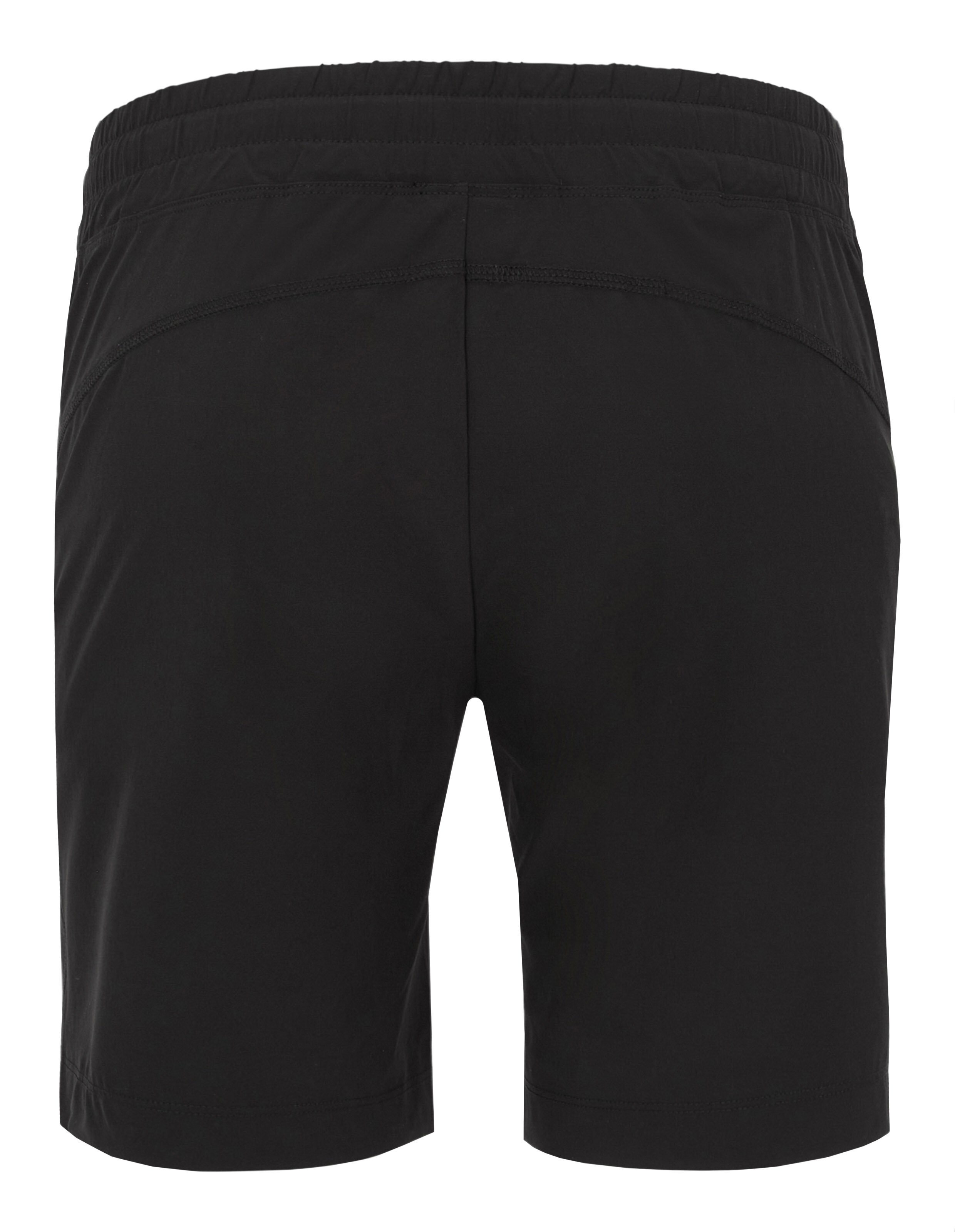 Rückansicht einer schwarzen, lässigen Lounge-Shorts mit elastischem Bund.