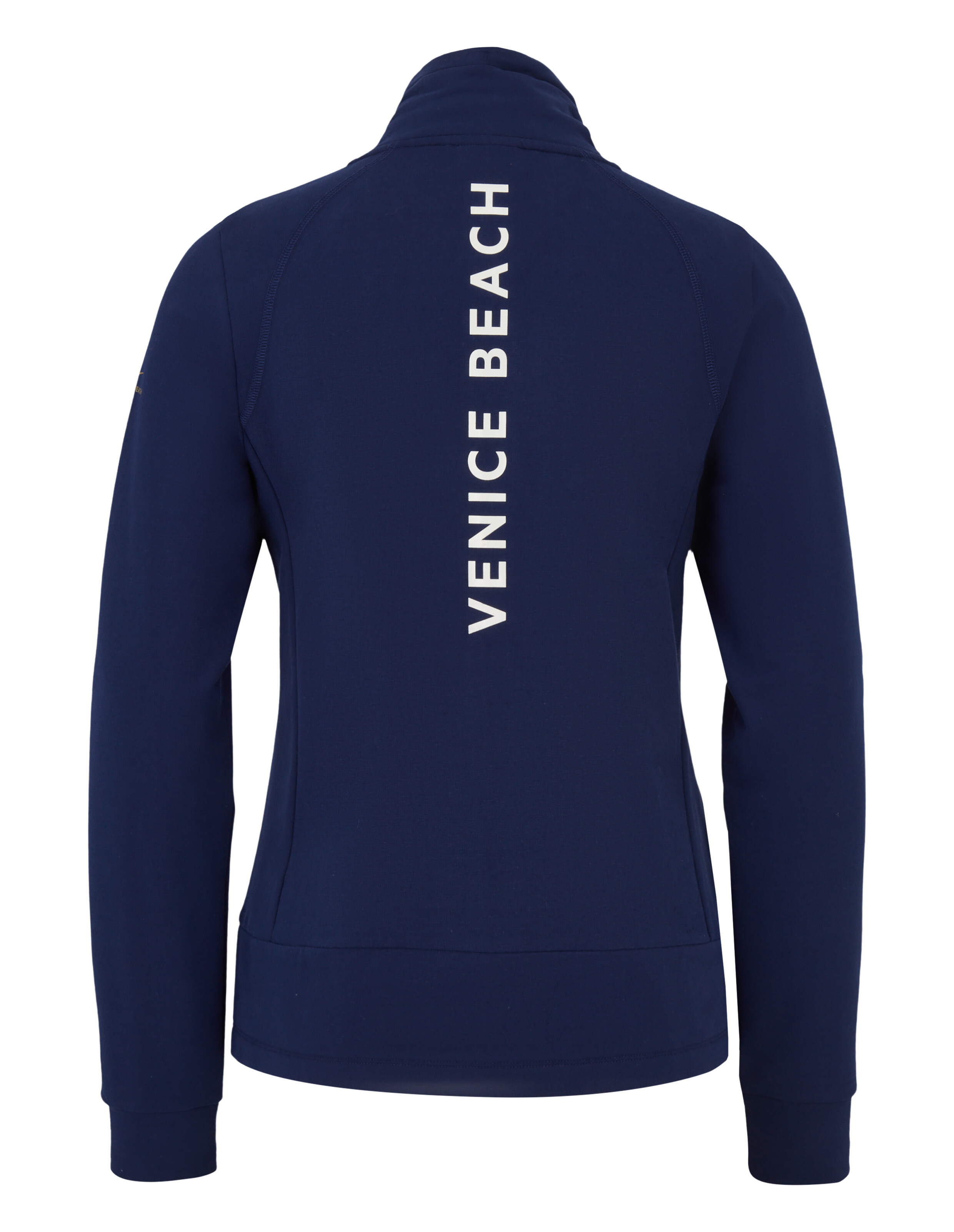 Rückansicht der marineblauen Venice Beach Florence Sweatjacke mit vertikalem Logo.