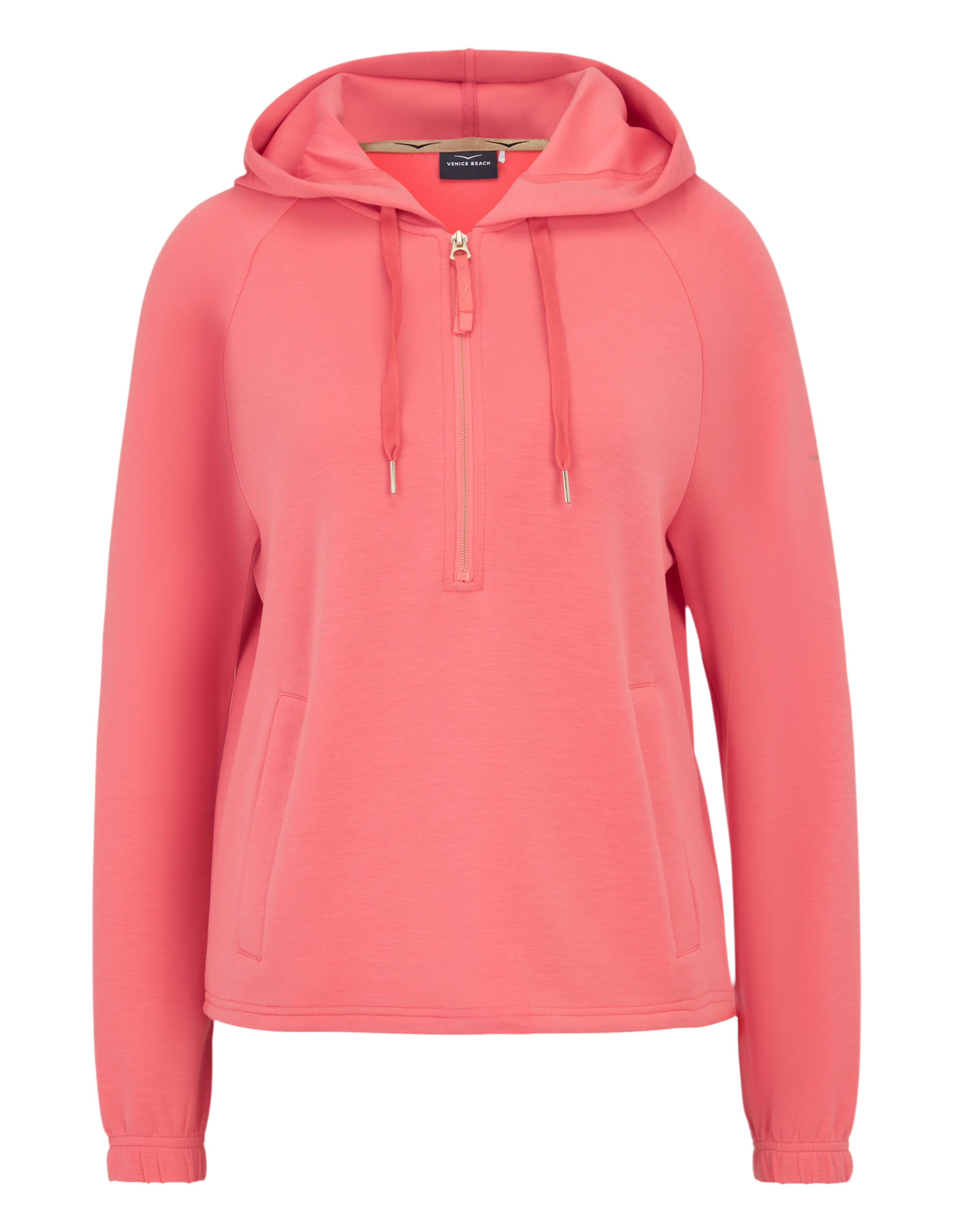Kuscheliger korallenroter Kapuzenpullover mit halbem Reißverschluss, Vordertaschen und langen Ärmeln.