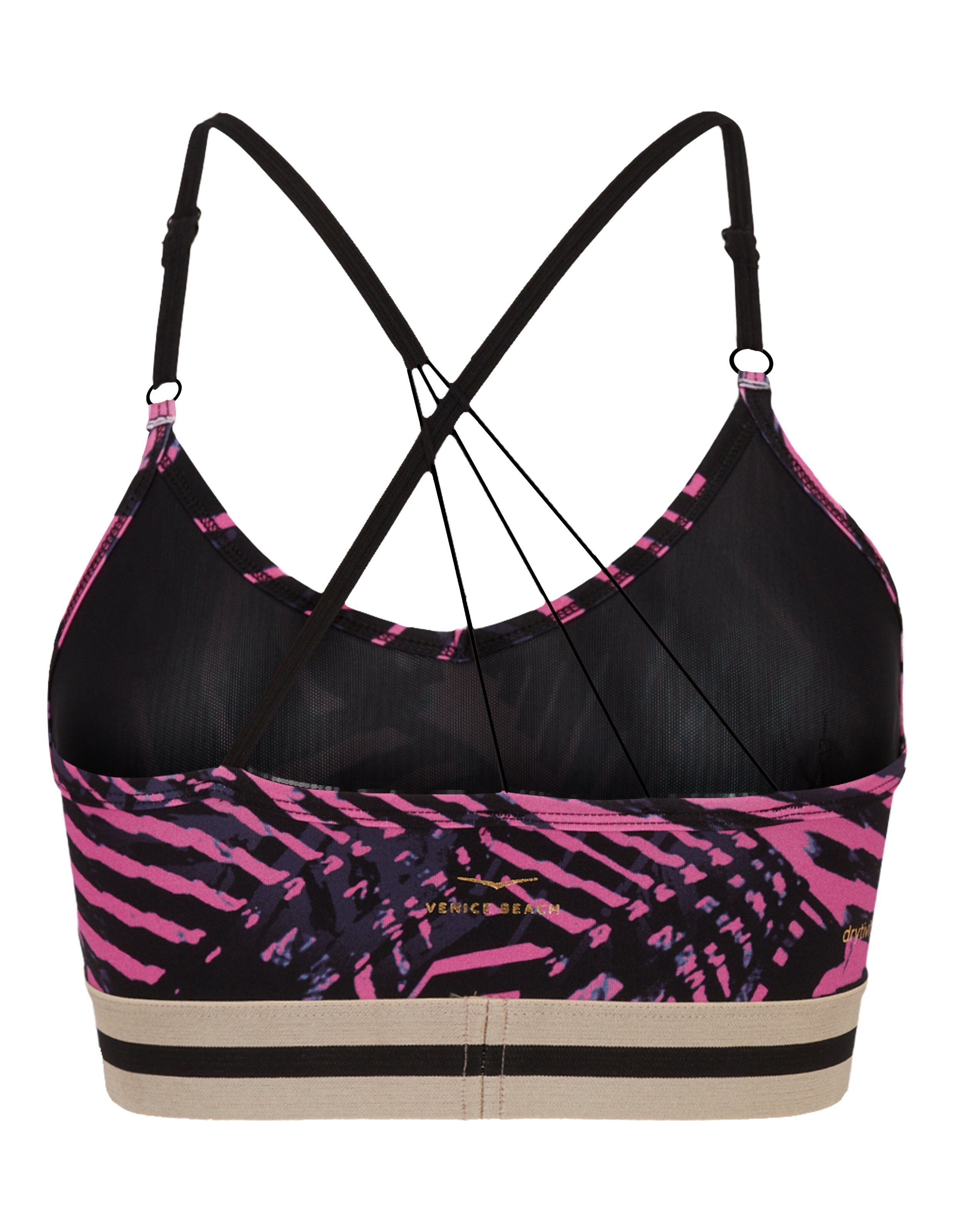 Venice Beach Top Oakley Sport-BH mit rosa-schwarzem Aufdruck und elastischem Unterbrustband.