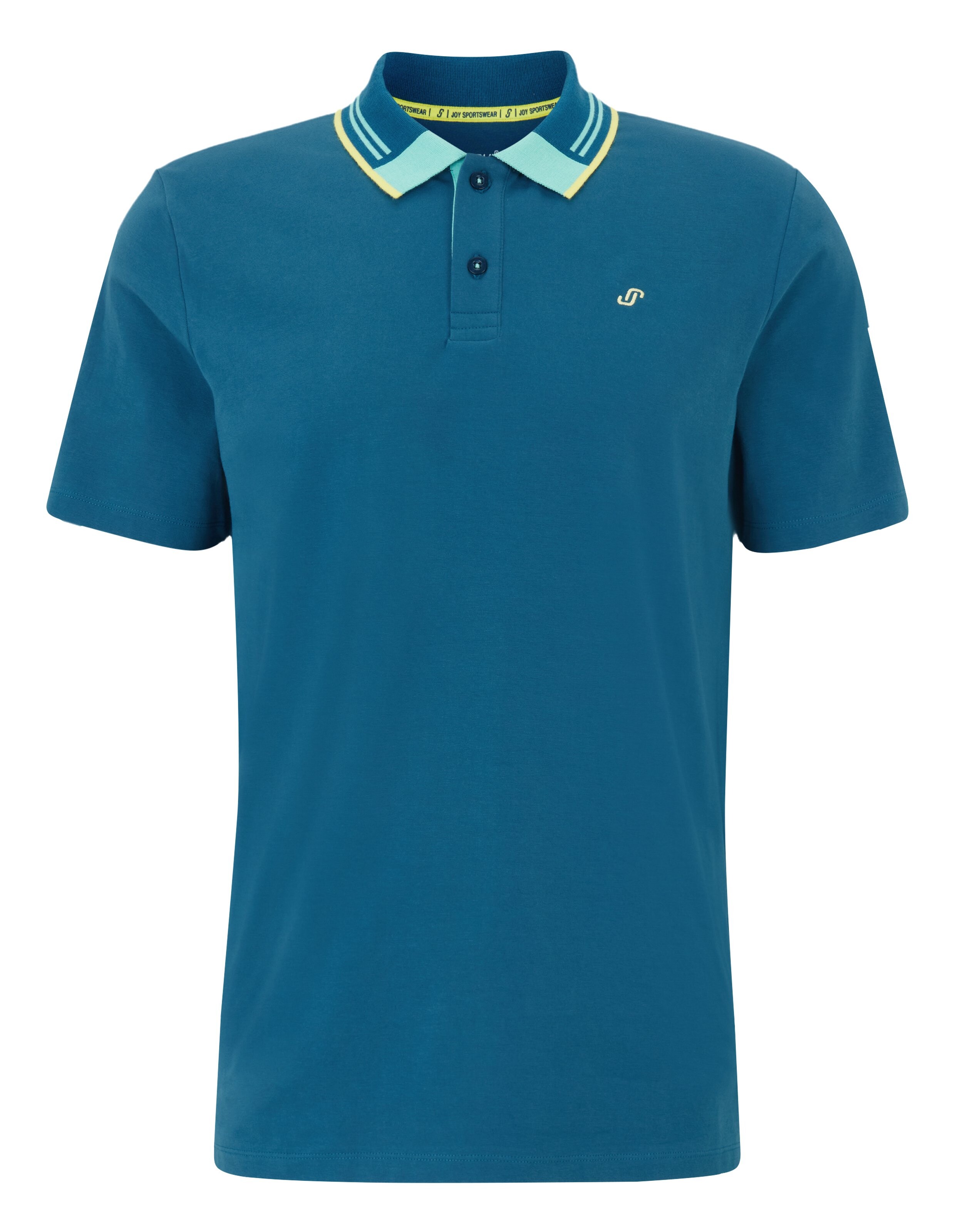 Türkises Poloshirt mit blau-gelbem Kragen, drei Knöpfen und dezentem Logo links auf der Brust.