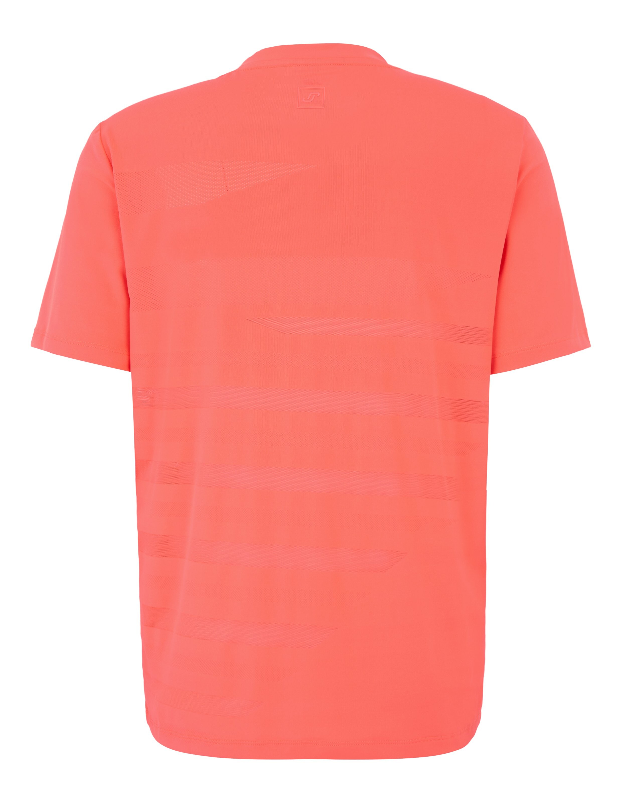 Ein leuchtend orangefarbenes T-Shirt mit kurzen Ärmeln und geometrischem Muster, ideal für sportliche Aktivitäten.