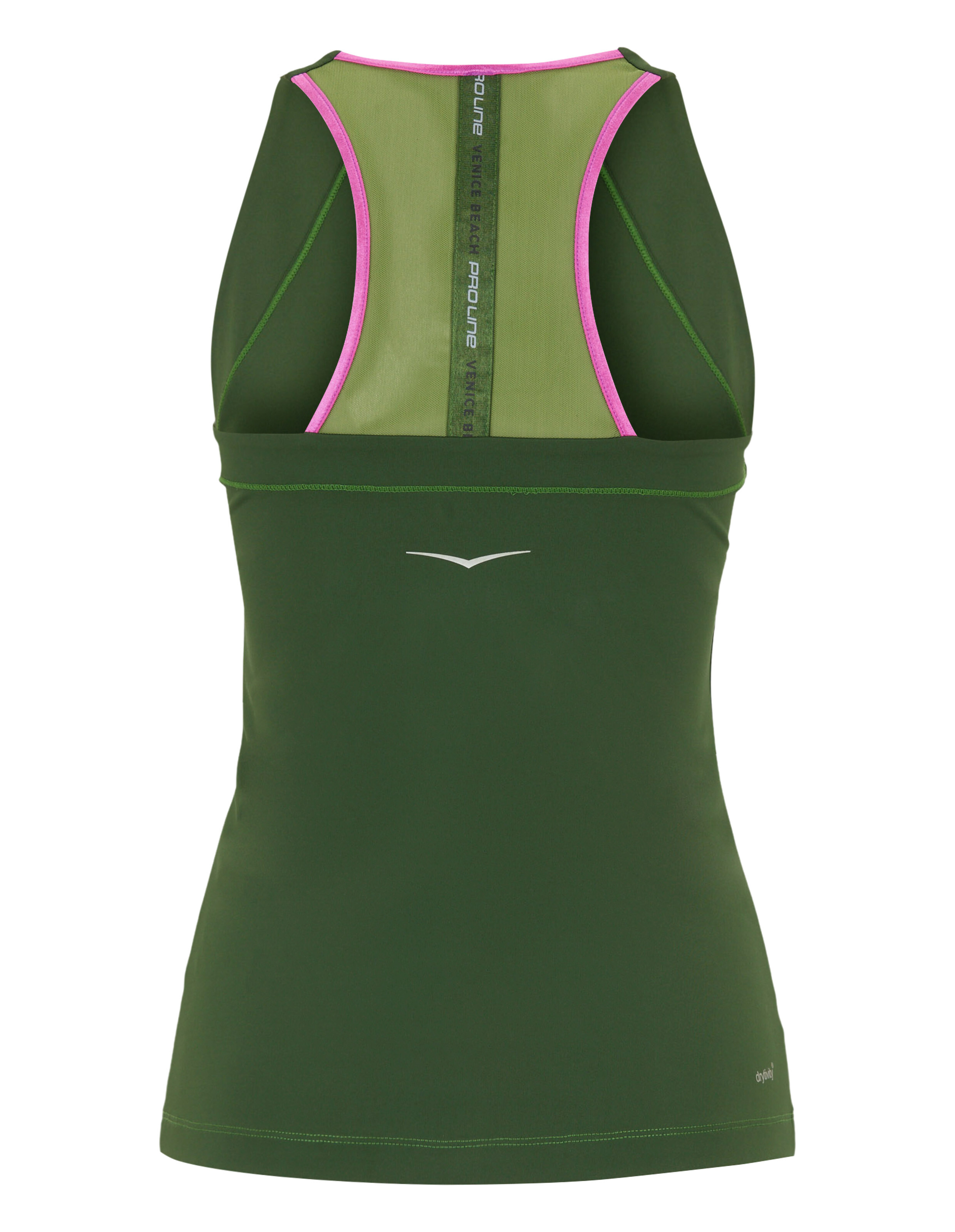 Grünes Racerback-Tanktop mit rosa Akzenten, ideal für Freizeitkleidung und einen aktiven Lebensstil.