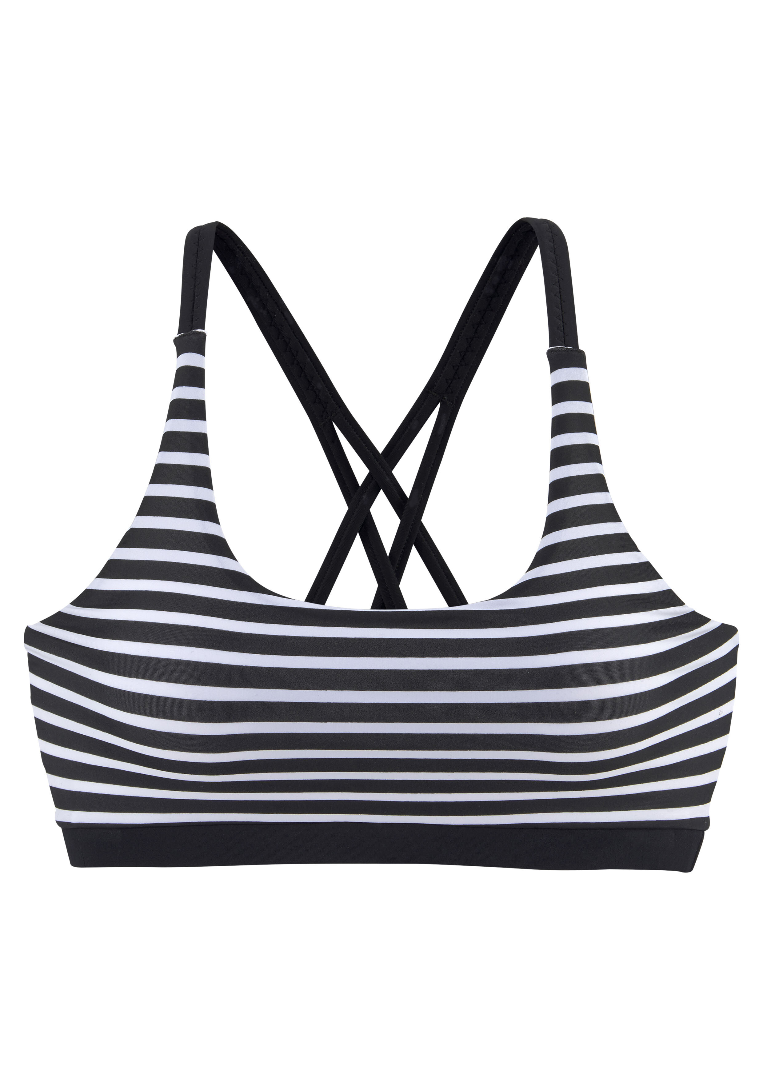 Venice Beach Jova-Bikinioberteil mit schwarz-weißen Streifen und überkreuztem Rückendesign.