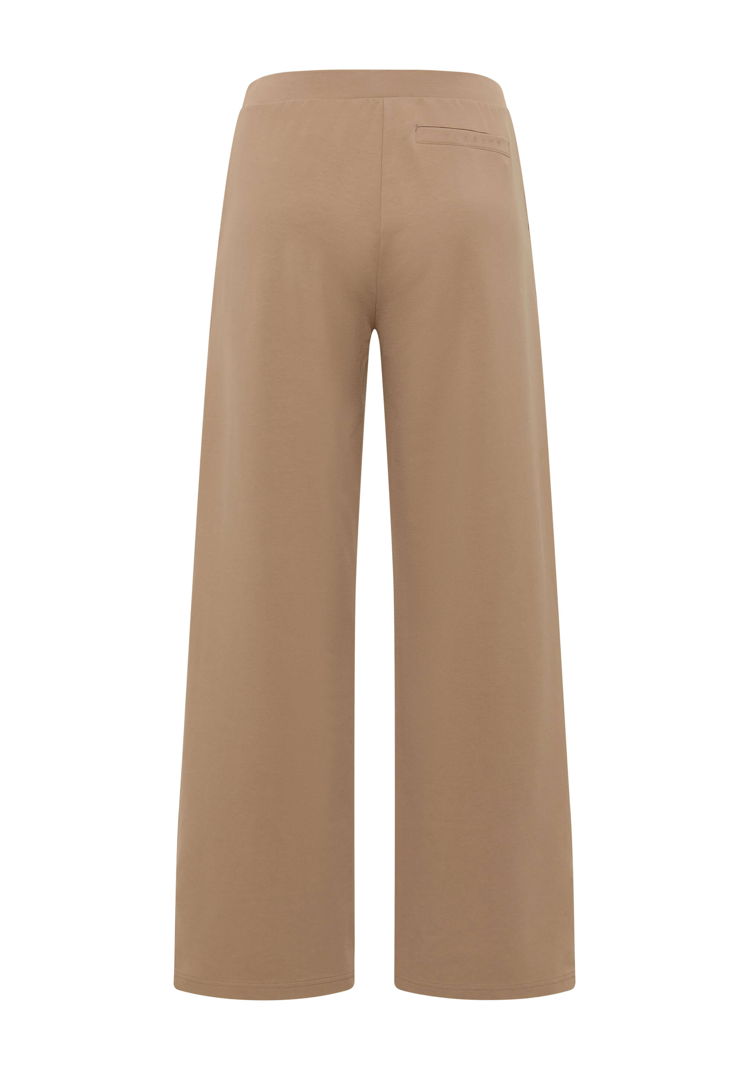 Rückansicht einer beigefarbenen Lounge-Hose mit weitem Bein und Gesäßtasche für lässigen Komfort.