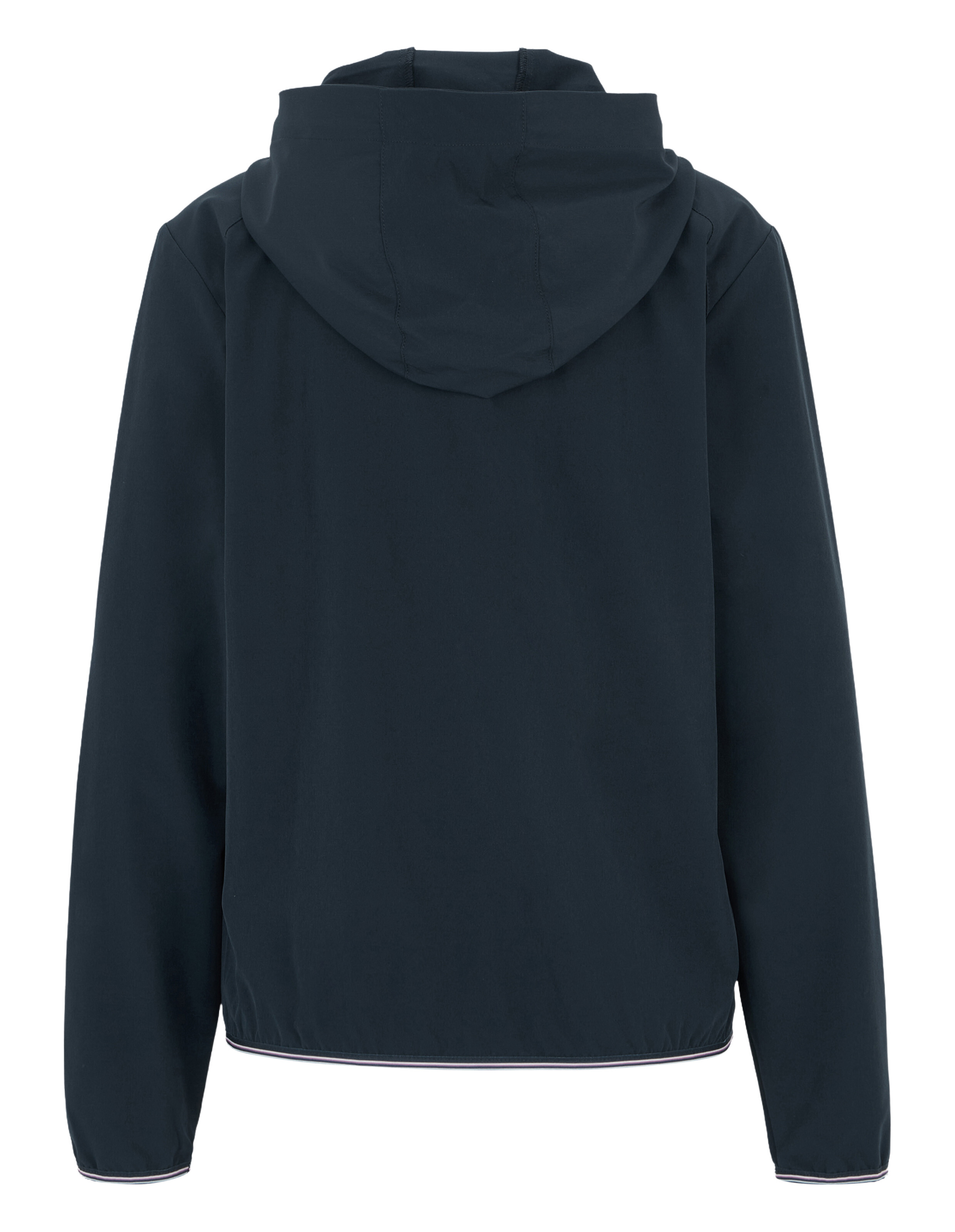 Dunkelblaue Kapuzenjacke mit Reißverschluss und zwei Seitentaschen, schlichtes Design, ideal für kühle Tage.
