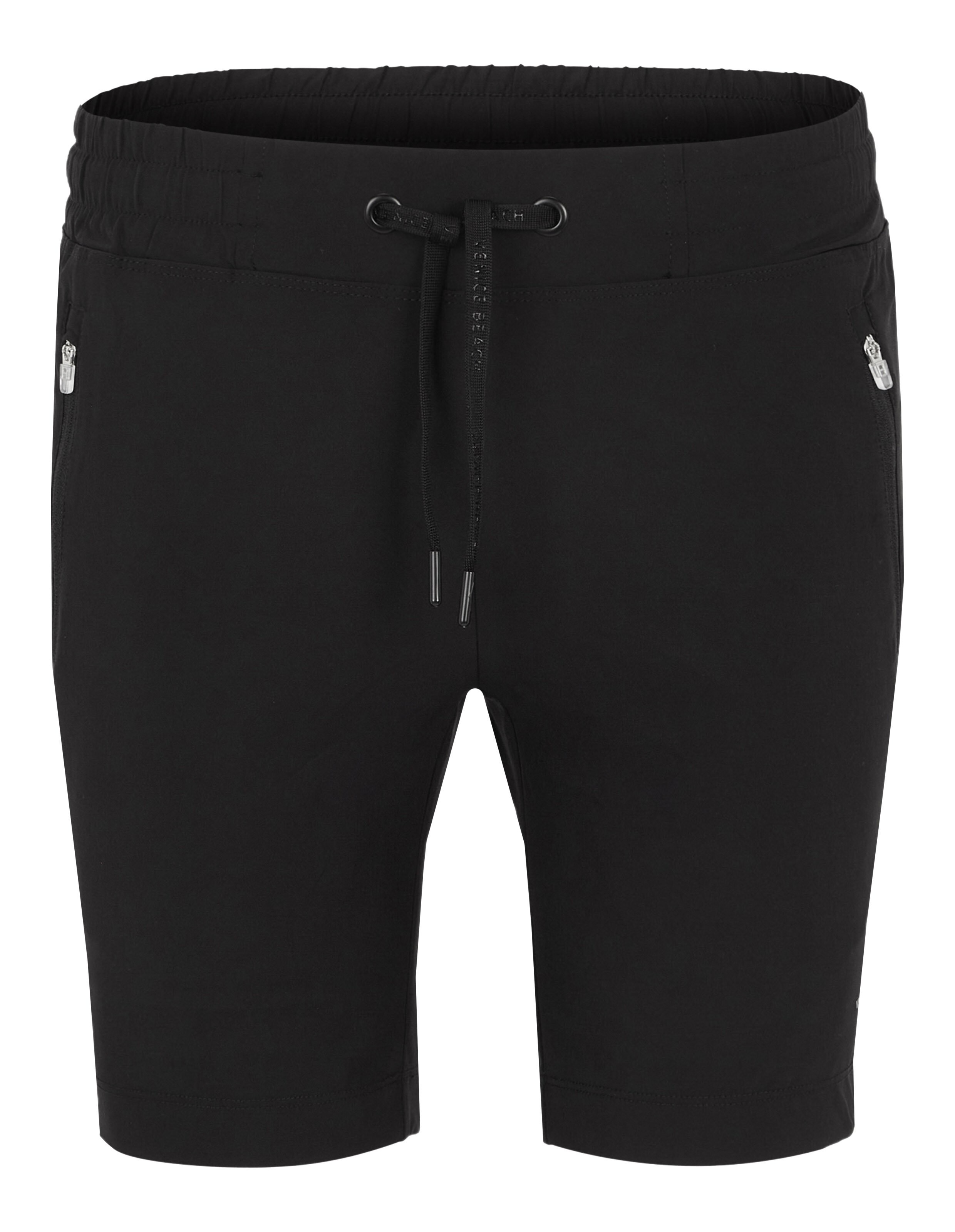 Schwarze, lässige Shorts mit Kordelzug in der Taille und Reißverschlusstaschen.
