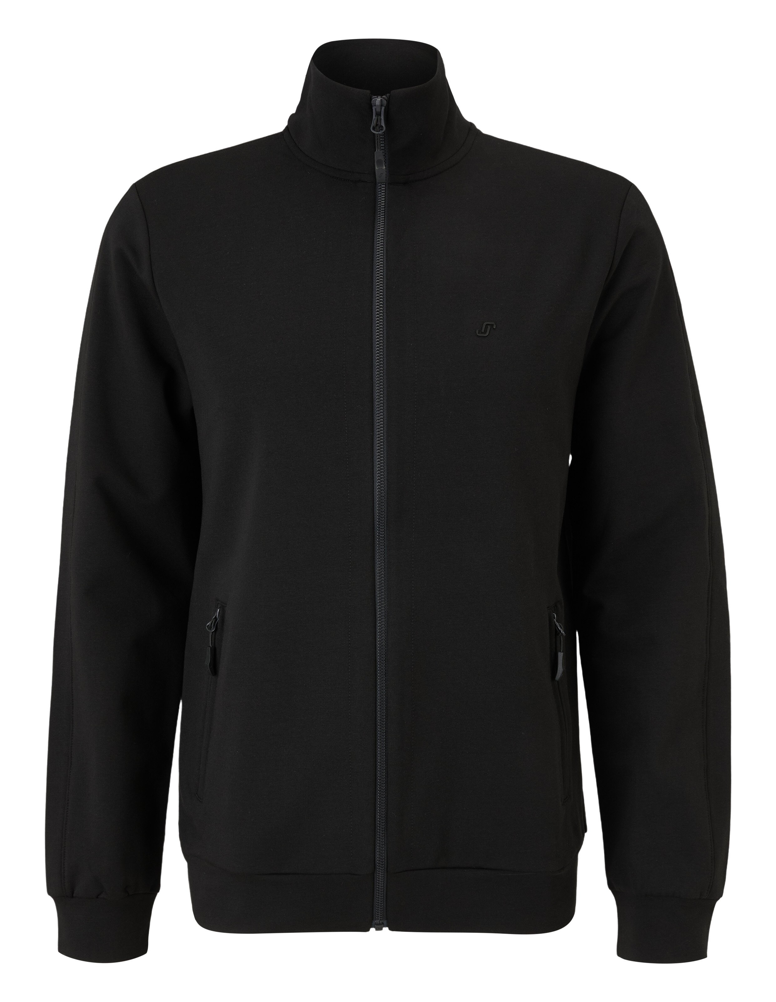 Schwarze Jacke mit Stehkragen, Frontreißverschluss und zwei Seitentaschen, schlichtes Design, ideal für kühle Tage.