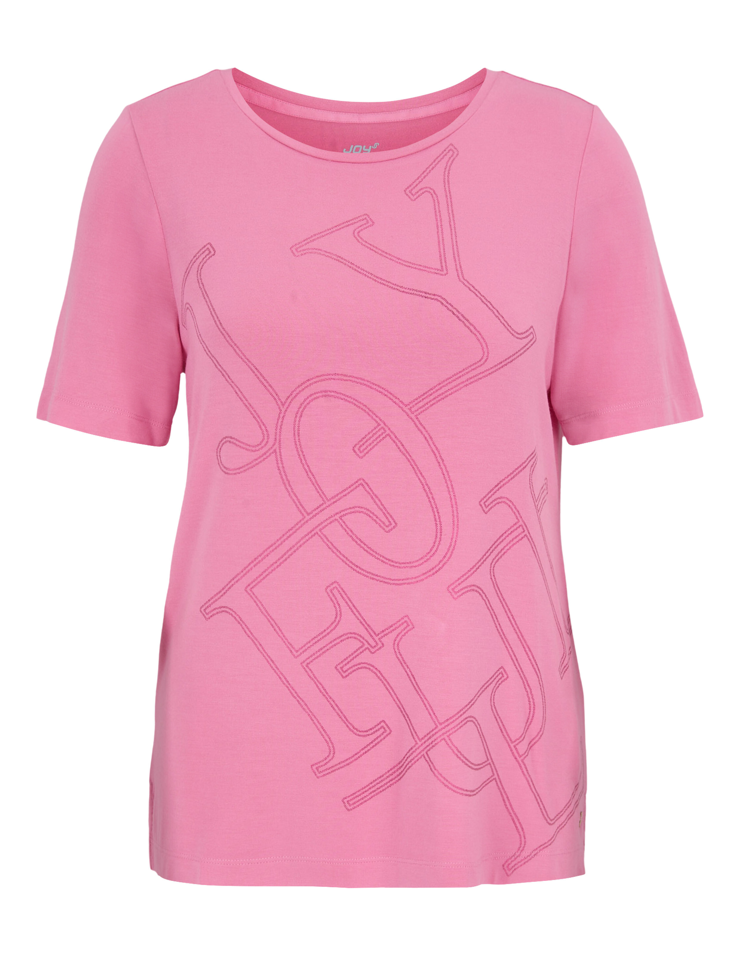 Rosa T-Shirt mit rundem Ausschnitt und kurzen Ärmeln, verziert mit großen, aufgestickten Buchstaben, die JOYFUL lesen lassen.