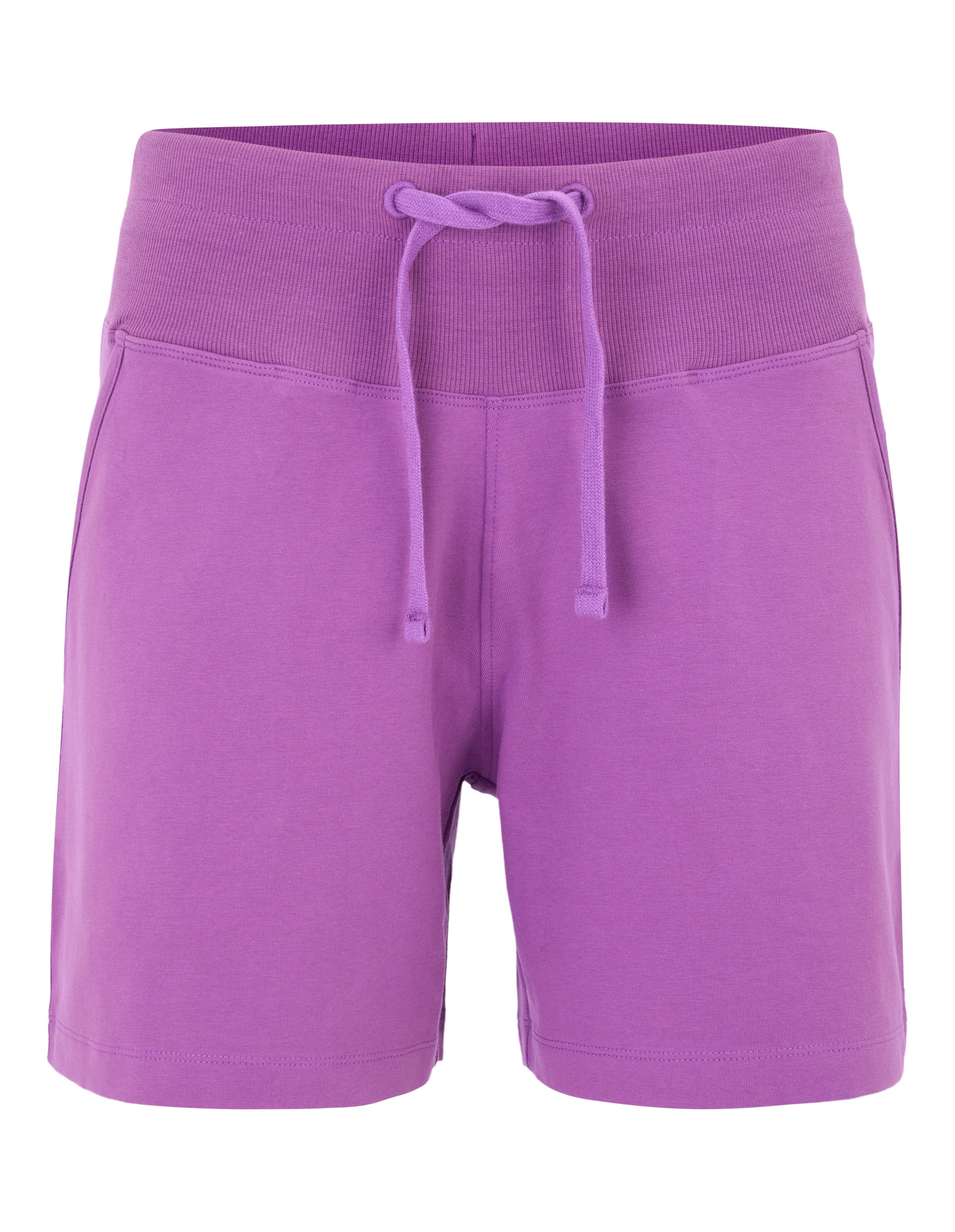 Gemütliche lila Freizeitshorts mit Kordelzug am Bund für entspanntes Tragen.
