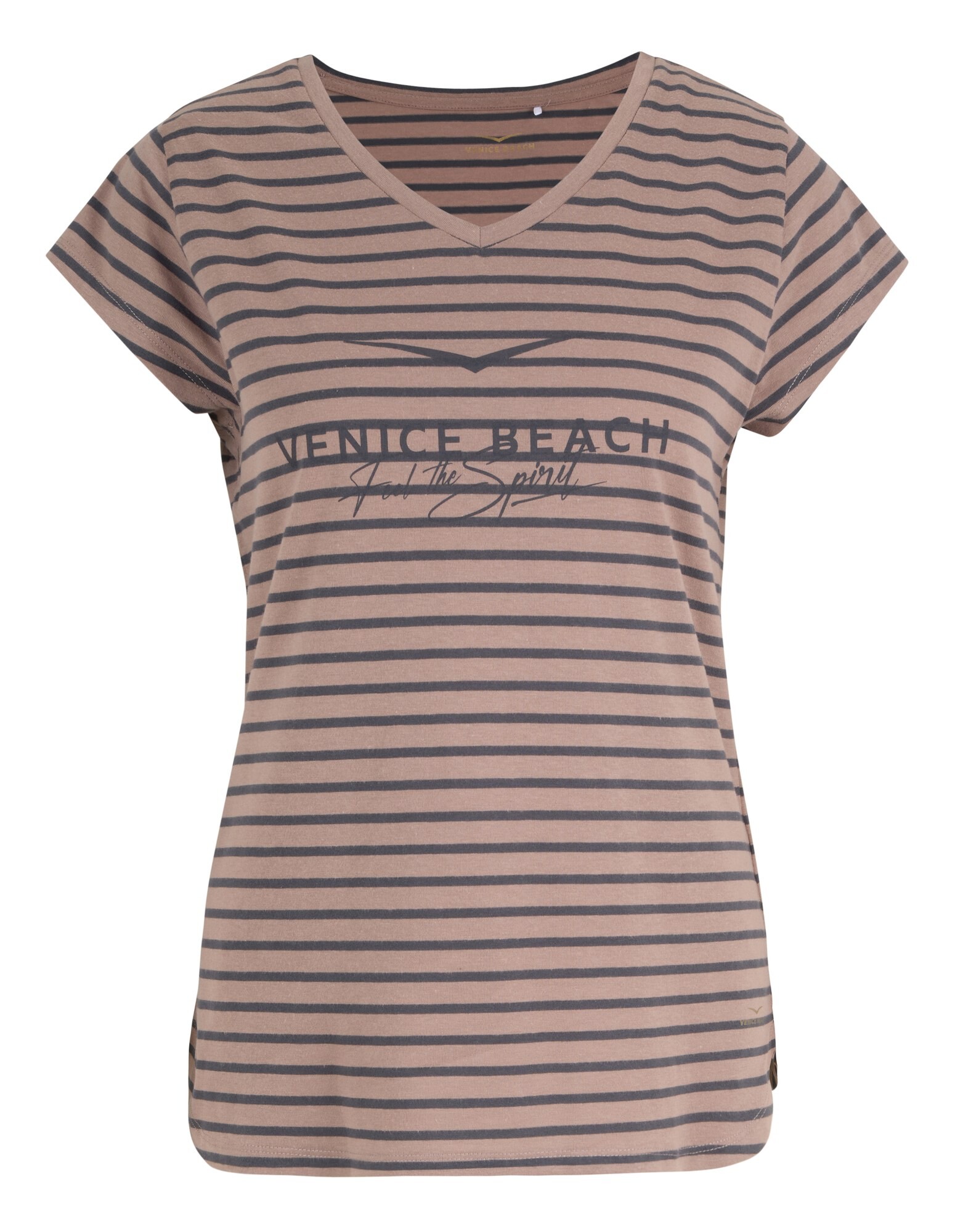 Gestreiftes T-Shirt mit V-Ausschnitt in Beige und Marineblau, lässige Kleidung für entspannte Ausflüge.