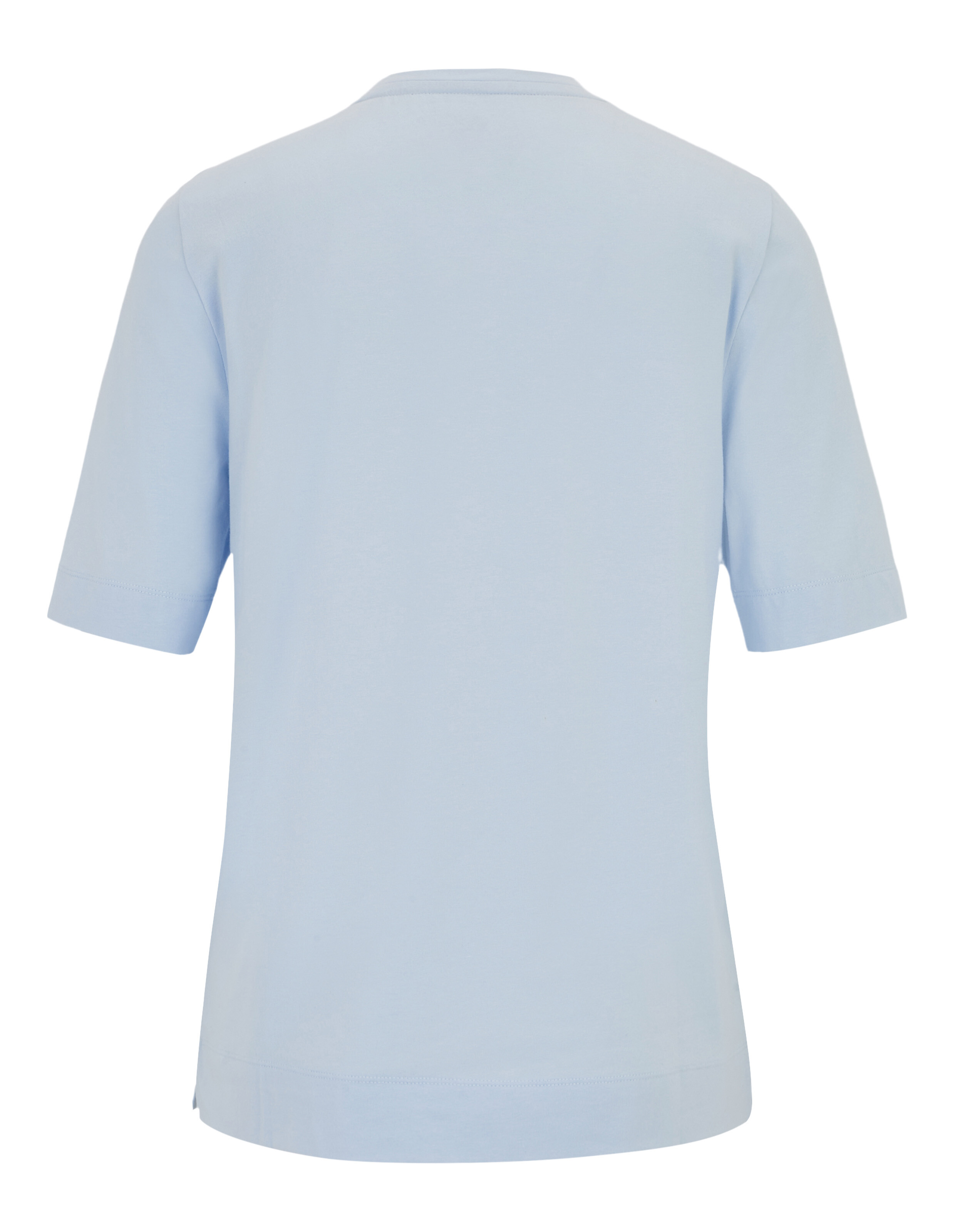 Hellblaues T-Shirt mit zweigeteiltem Kunstmotiv; links blaues Blumenbild, rechts rosa abstraction, darunter der Schriftzug "Joy".