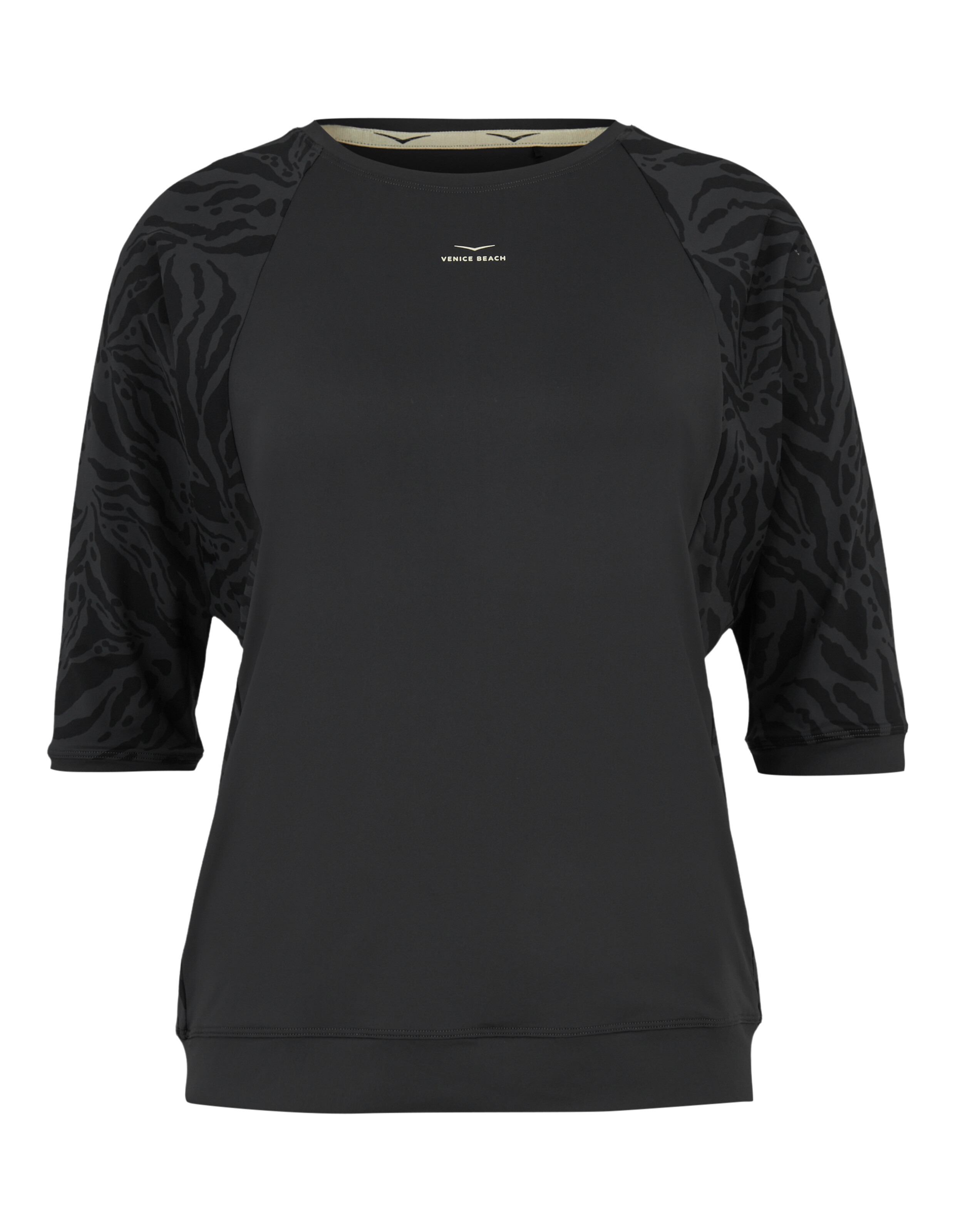 Schwarzes, lässiges Lounge-Shirt mit gemusterten Raglanärmeln und Venice Beach-Logo.