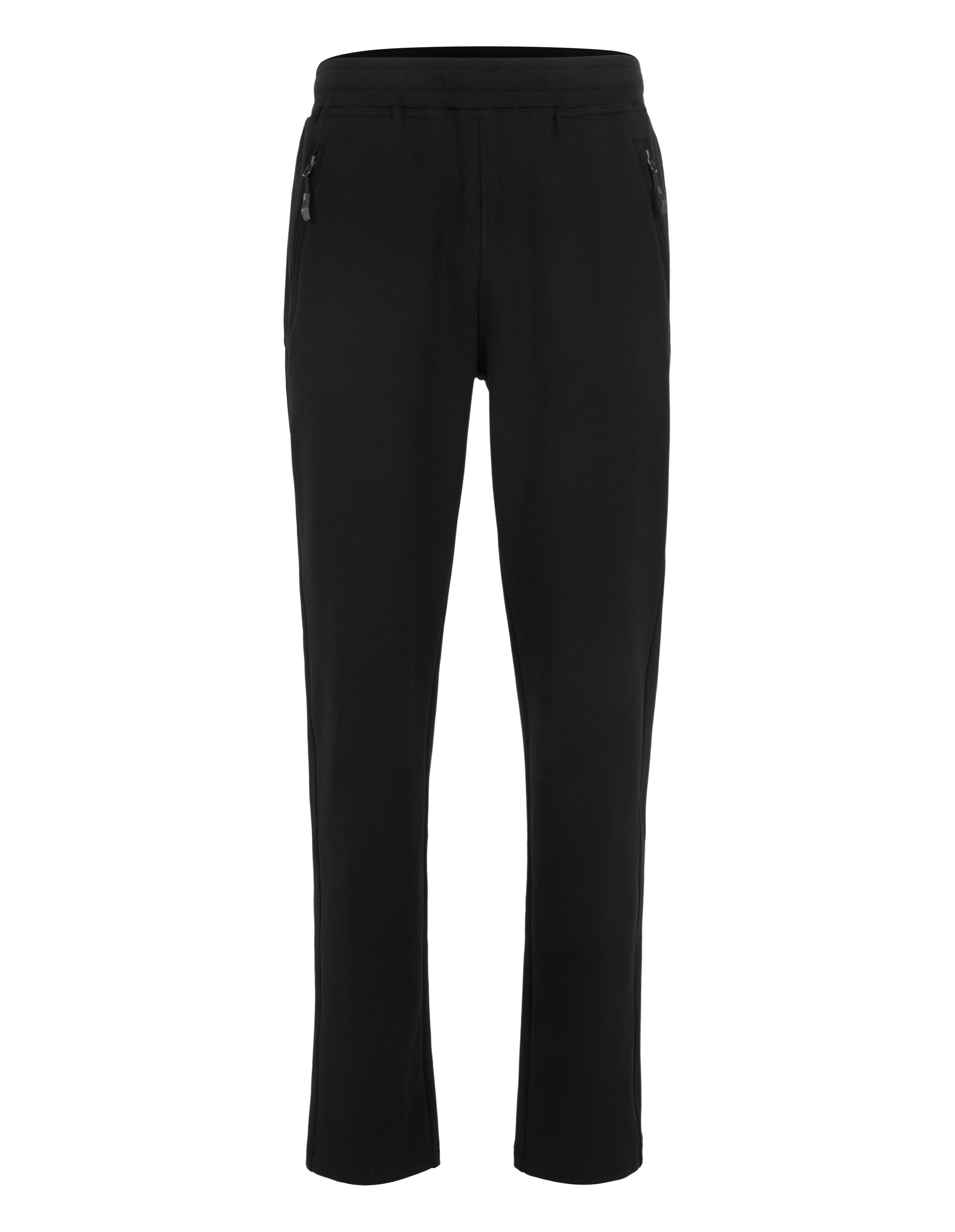 Schwarze, lässige Jogginghose mit elastischem Bund und seitlichen Reißverschlusstaschen.