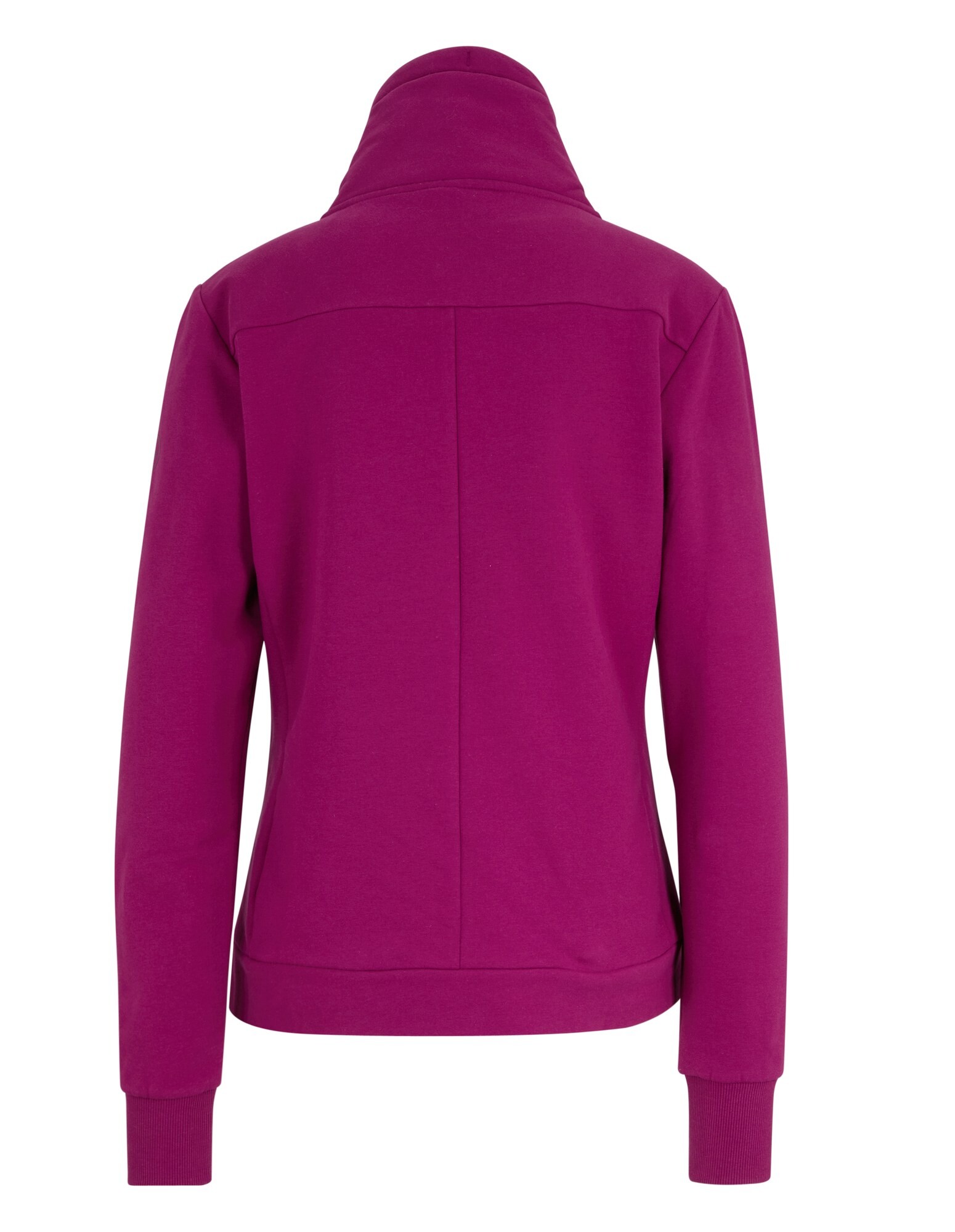 Rückansicht eines kuscheligen lila Sweatshirts mit hohem Kragen und gerippten Bündchen.
