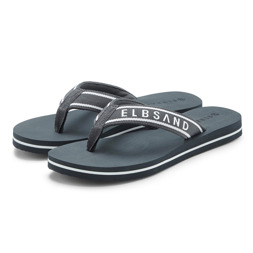 Lässige graue Flip-Flops mit gestreiften Riemen und ELBSAND-Branding.