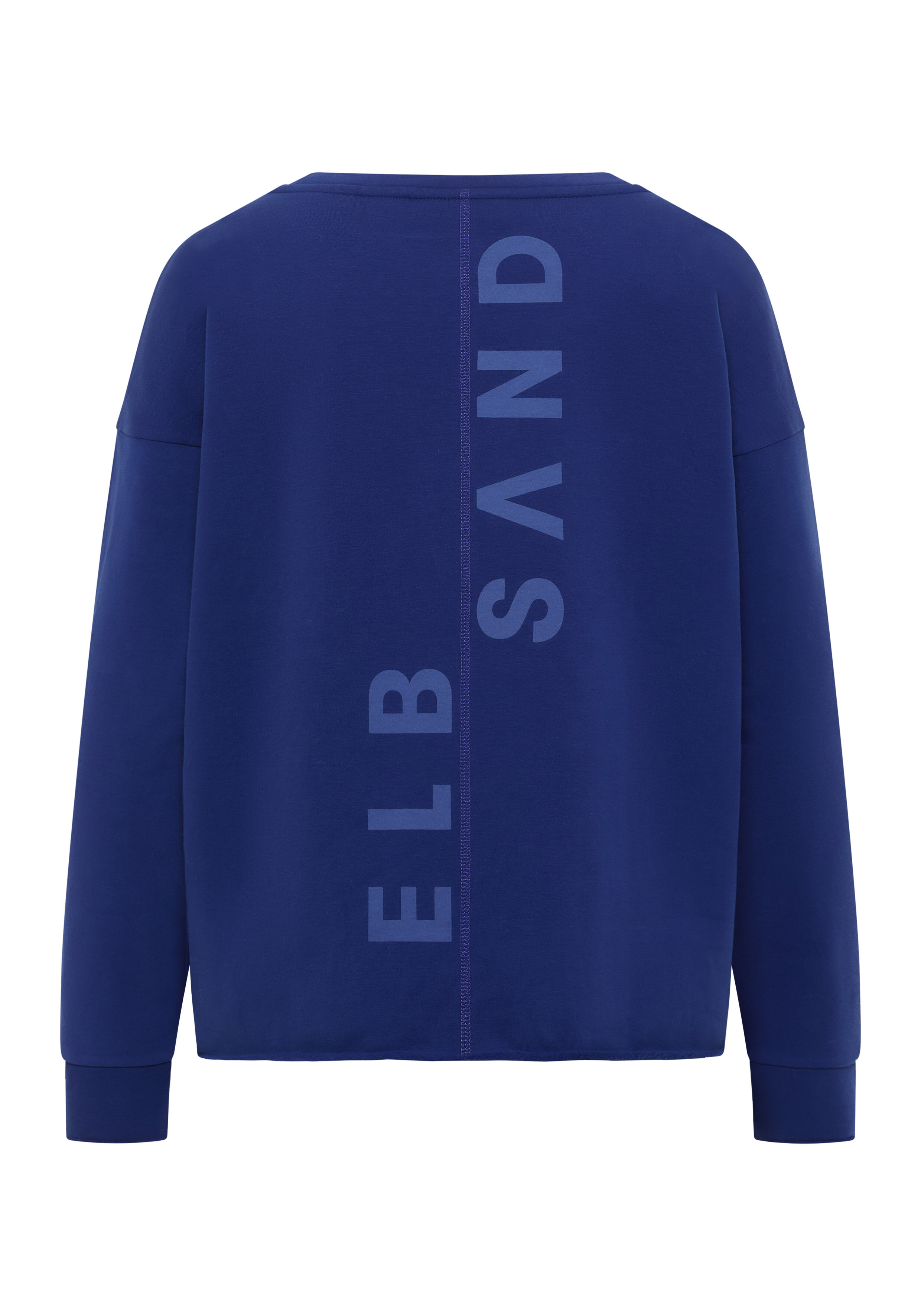 Blaues lässiges ELBSAND-Sweatshirt mit vertikalem Logo-Print auf der Rückseite.