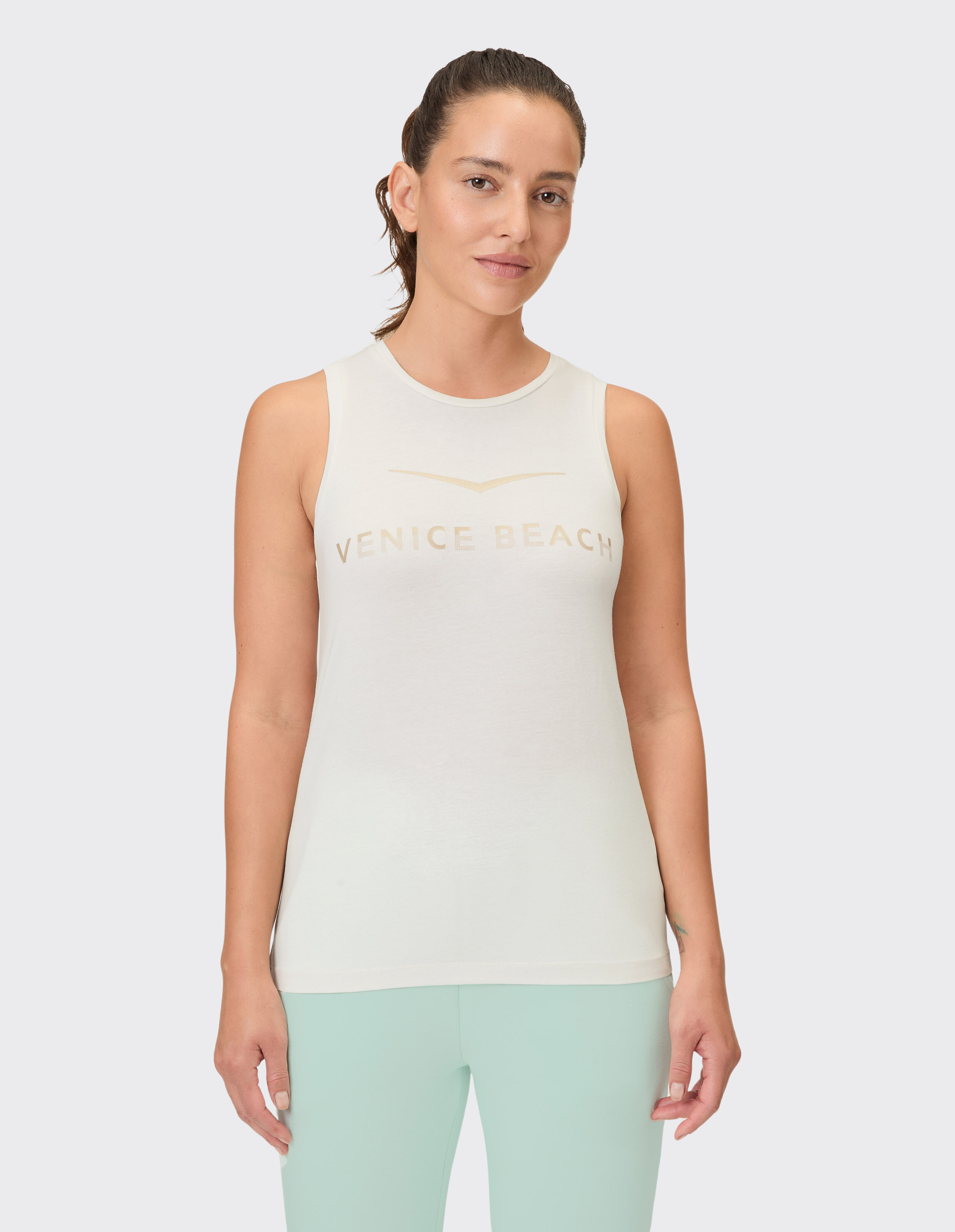 Hellcremefarbenes Tanktop mit „Venice Beach“-Aufdruck, perfekt für Freizeitkleidung.