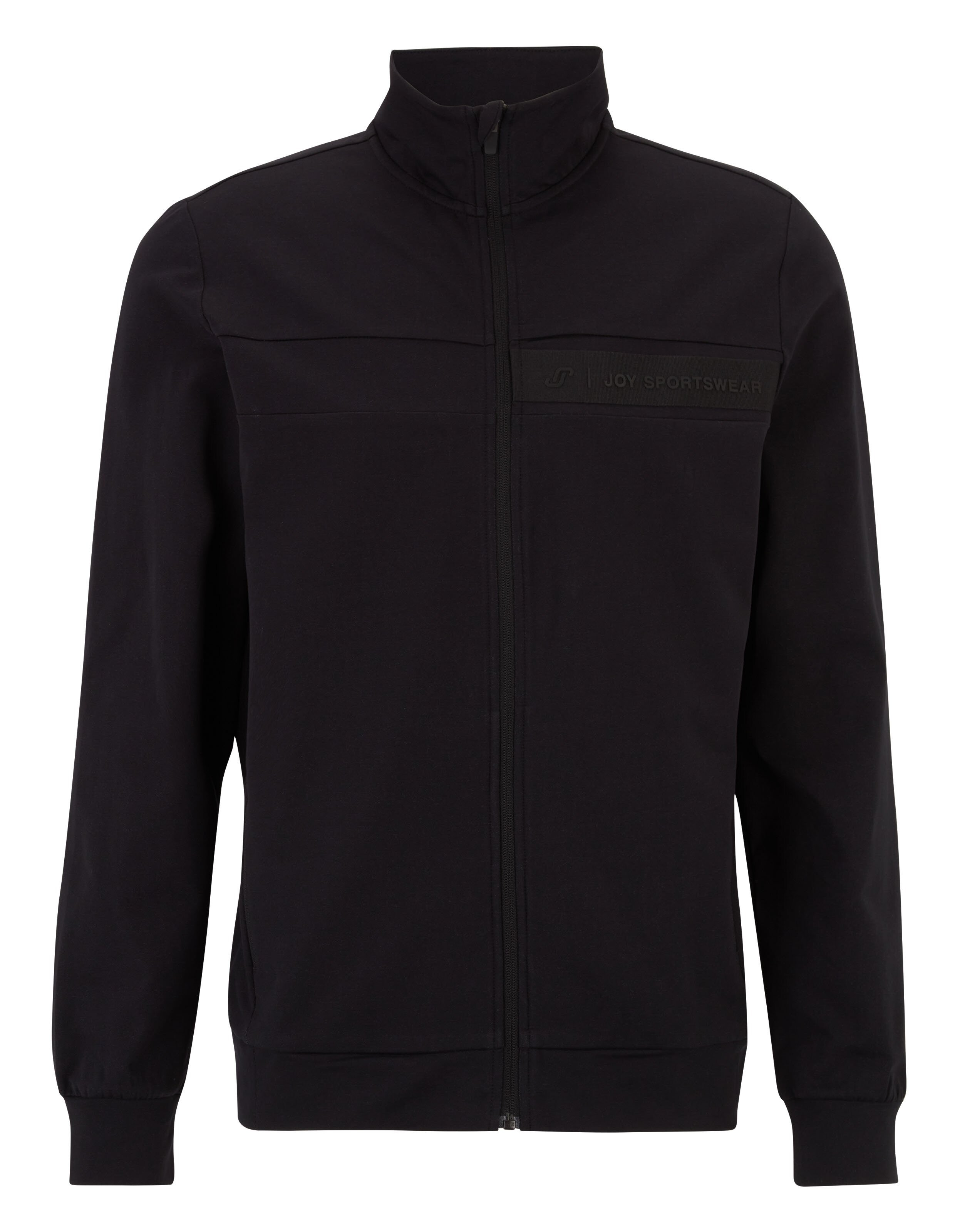 Schwarze Jacke mit hohem Kragen und Reißverschluss; dezentes Logo Joy Sportswear auf der Brust, elastische Bündchen.