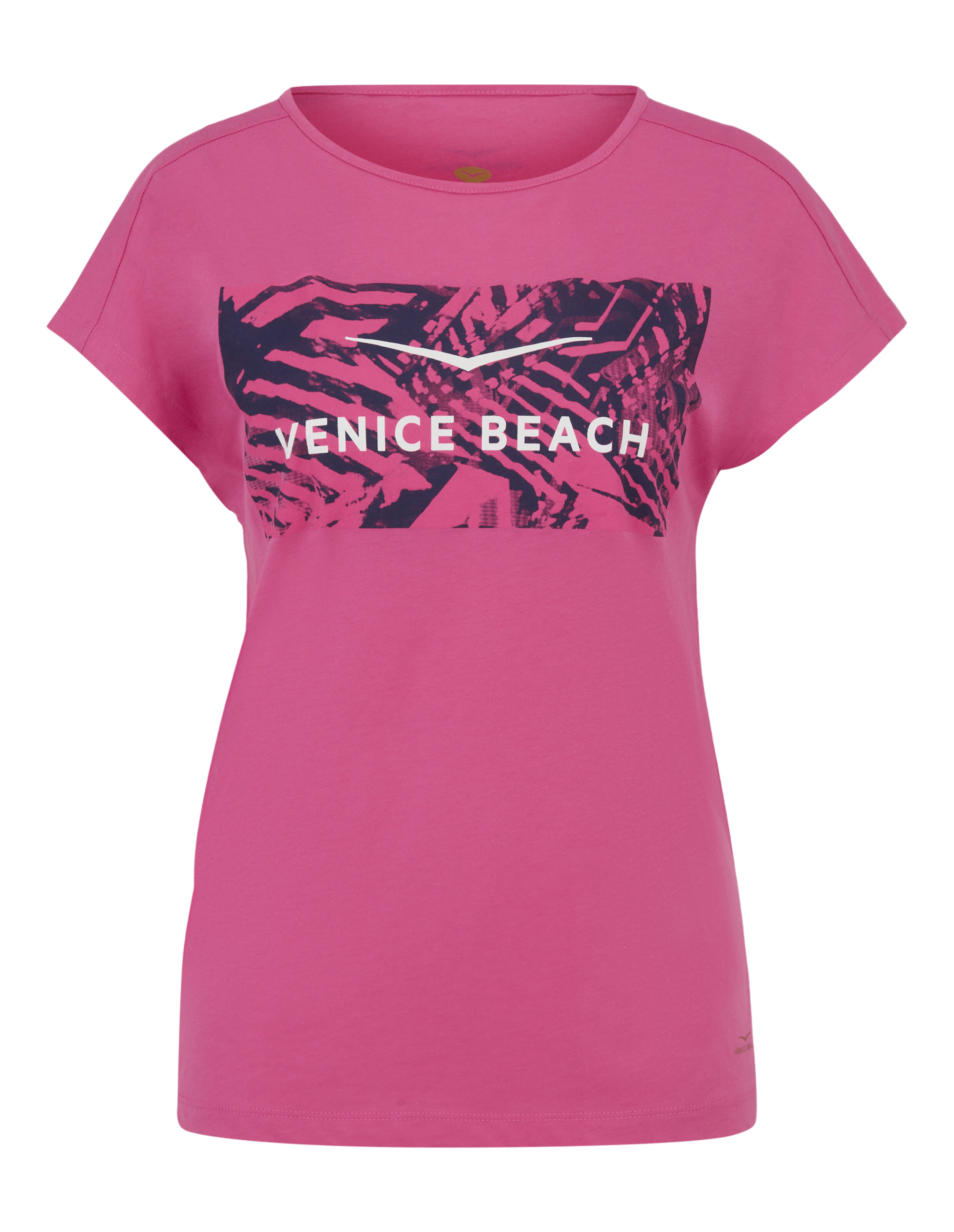 Rosafarbenes Venice Beach-Grafik-T-Shirt für lässiges Faulenzen und Alltagskleidung.