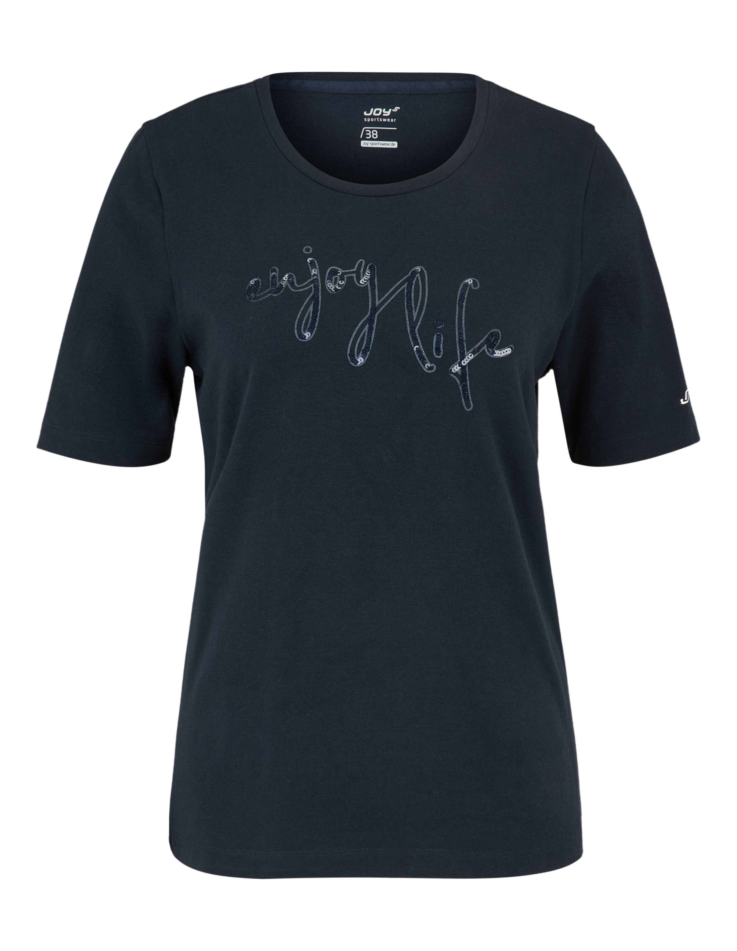 Marineblaues Kurzarm-T-Shirt mit „Enjoy Life“-Schriftzug, perfekt für Freizeitkleidung und bequemes Styling.